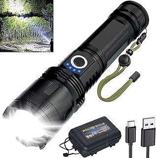 Rechargeable Flashlights 200000 High Lumens, LED Powerful Tactical Flash Light Battery Powered, Small Handheld Light with 5 Modes, Zoomable, IPX6 Waterproof, Hard Box for Outdoor Emergency Camping