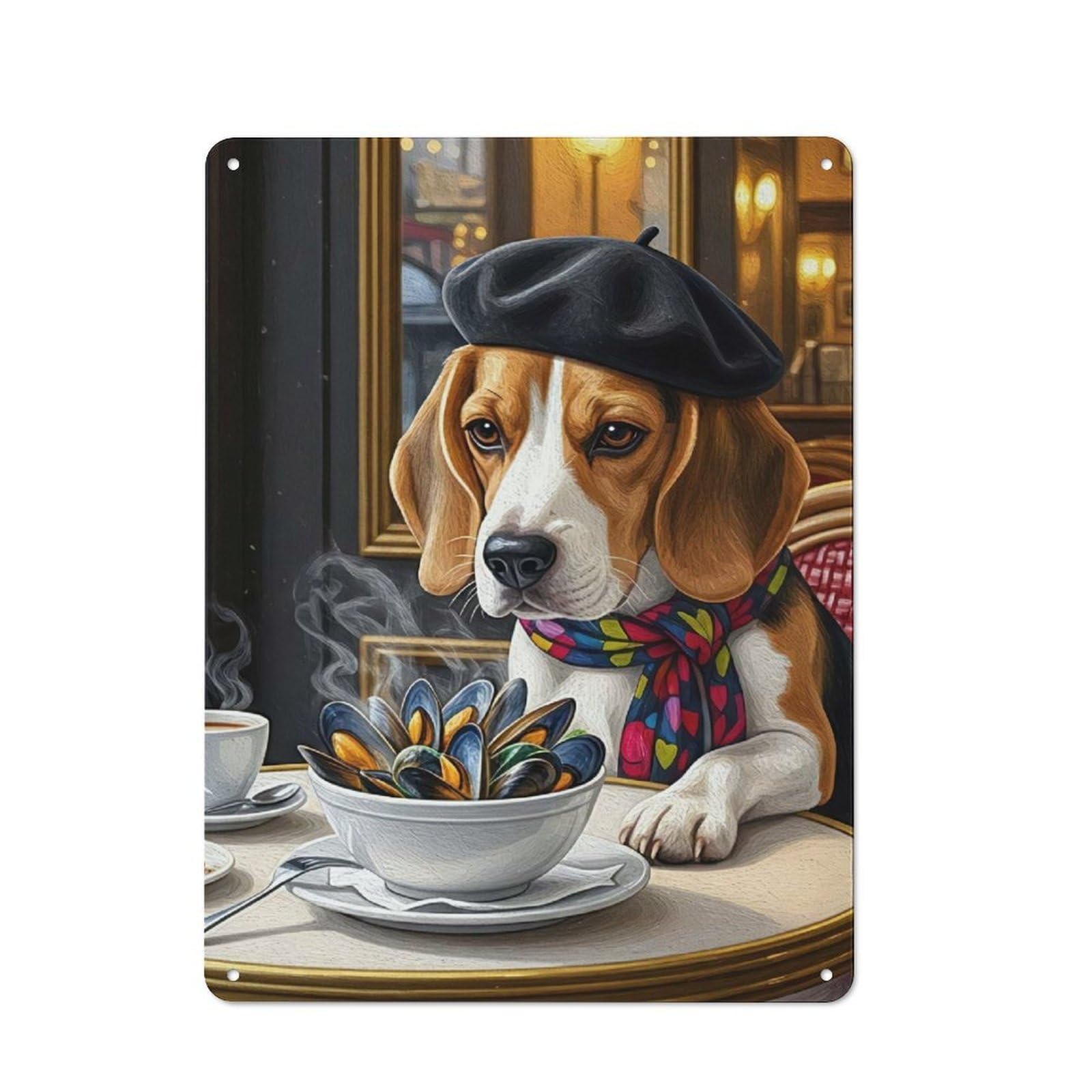 Junmoney Style-21 Beagle In Paris With Mussels Cottage Style Metal Wall Decor 40X30cm, Country Metal Sign For Kitchen, Cottage, Porch Or Garden Room