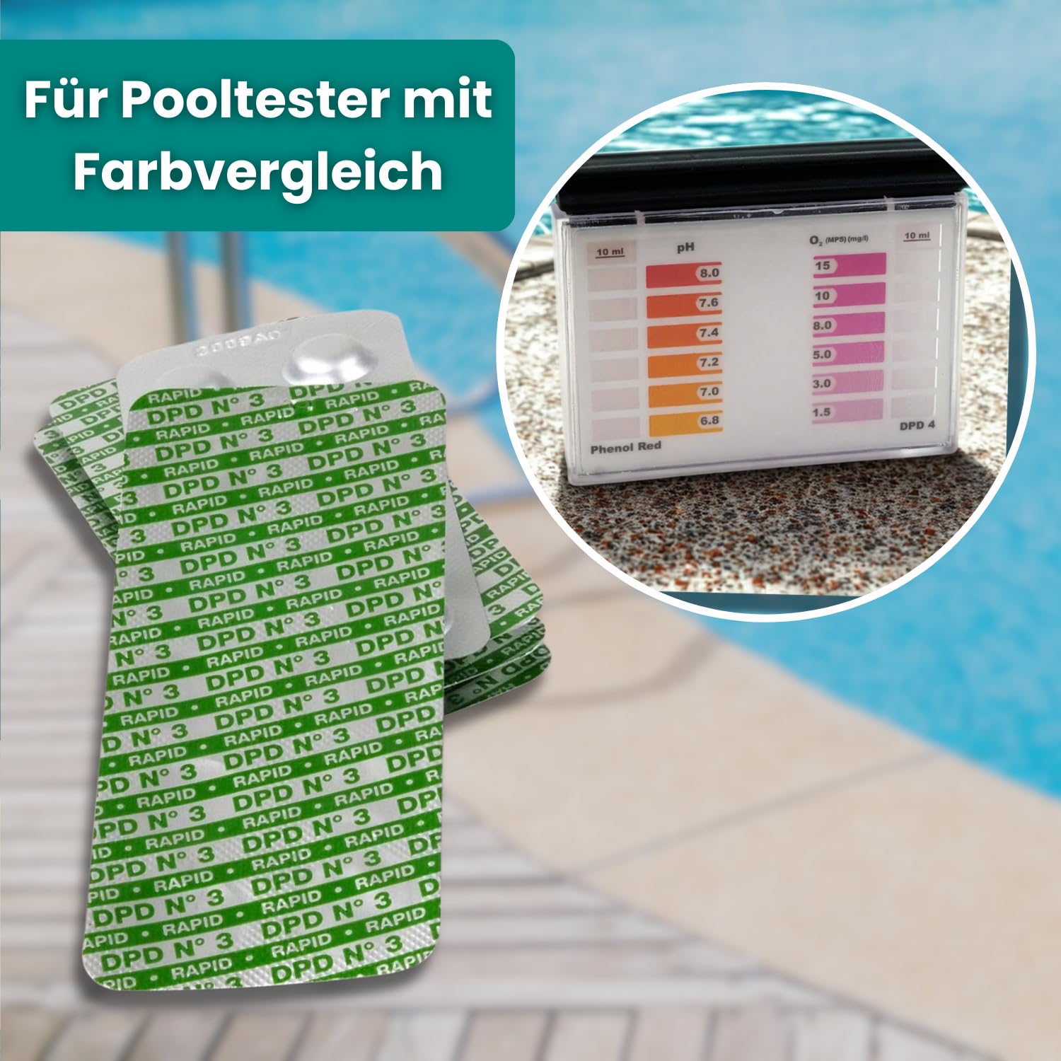 DPD 3 Rapid Tabletten Water-i.d. - Chlor-Testtabletten für Pool & Whirlpool - Gebundenes Chlor messen - Schnell löslich für manuelle Pooltester - Made in Germany (500 Stück)