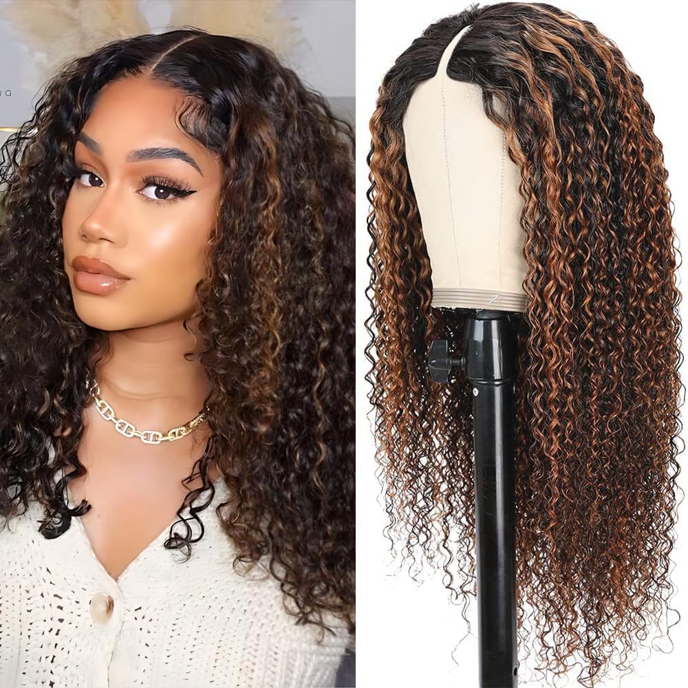 Ainmeys Curly V Part Wigs Ombre Brown V Shape Wigs for Black Women No Leave Out Lace Front Wigs Upgrade U Part Wigs Glueless Full Head Clip In Half
