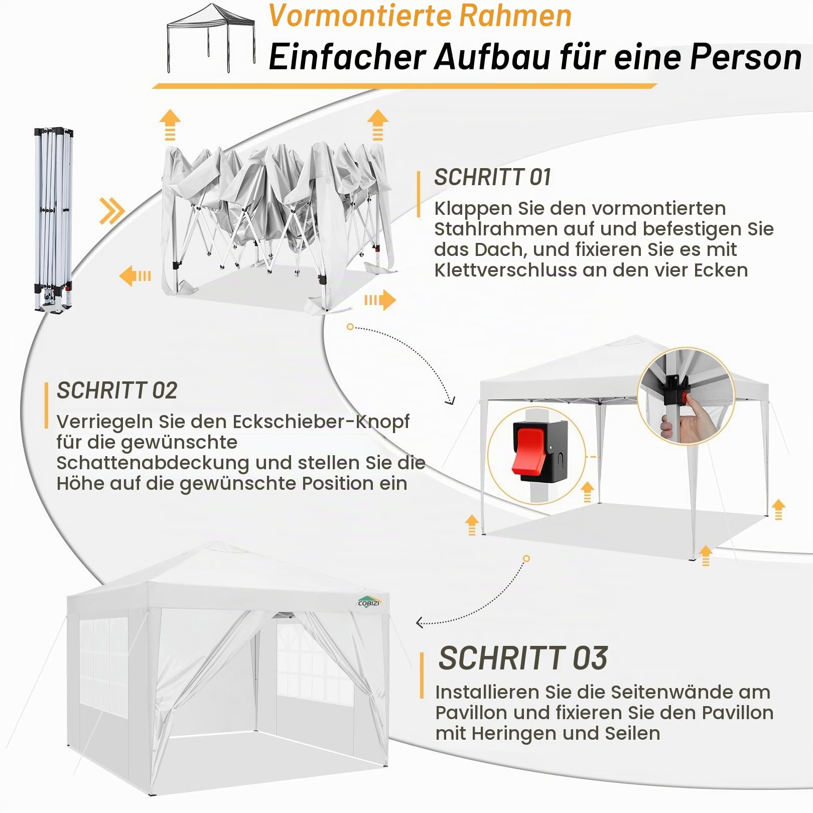 COBIZI Pavillon 3x3m Wasserdicht Stabil Winterfest Faltpavillon Partyzelt Gartenpavillon mit 4 Seitenteilen,4 Sandsäckes und Entlüftung,UV Schutz 50+,pop up faltbar für Outdoor Garten(Weiß