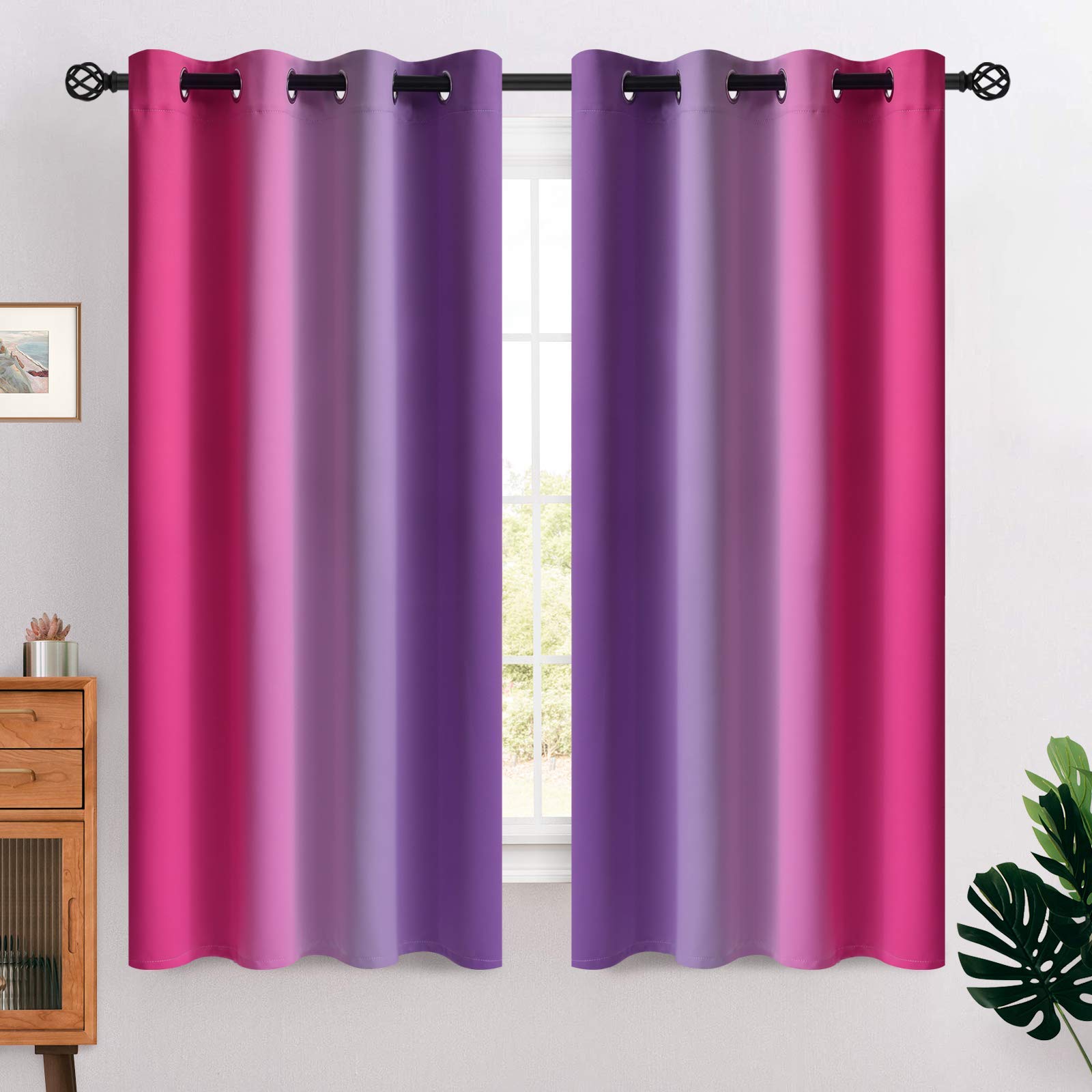 COSVIYA Grommet Ombre Blackout Curtains, 160 cm Length, Kids/Girls Bedroom, Polyester, Light Blocking, Pink and Purple Gradient, Window Curtains/Drapes Living Room, 2 Panels, 132 x โ image 1
