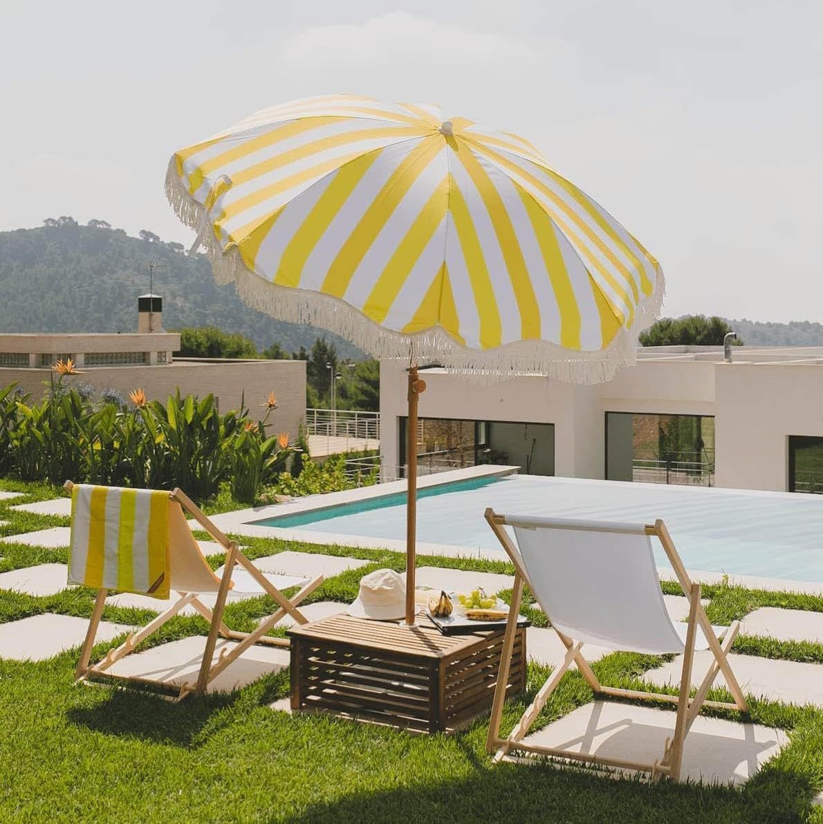 Boho Parasol ogrodowy w żółte paski 200 cm, uchylny parasol plażowy z frędzlami, ochrona UPF50 + UV Parasol przeciwsłoneczny na basen, patio, balkon