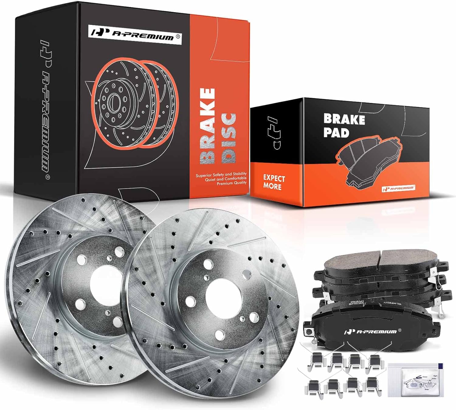 A-Premium 11.65 in (296mm) Front Drilled and Slotted Disc Brake Rotors + Ceramic Pads Kit Compatible with Select Lexus Models - GS300 1993-2005, GS400 1998-2000, GS430/IS300 2001-2005, SC430 2002-2010