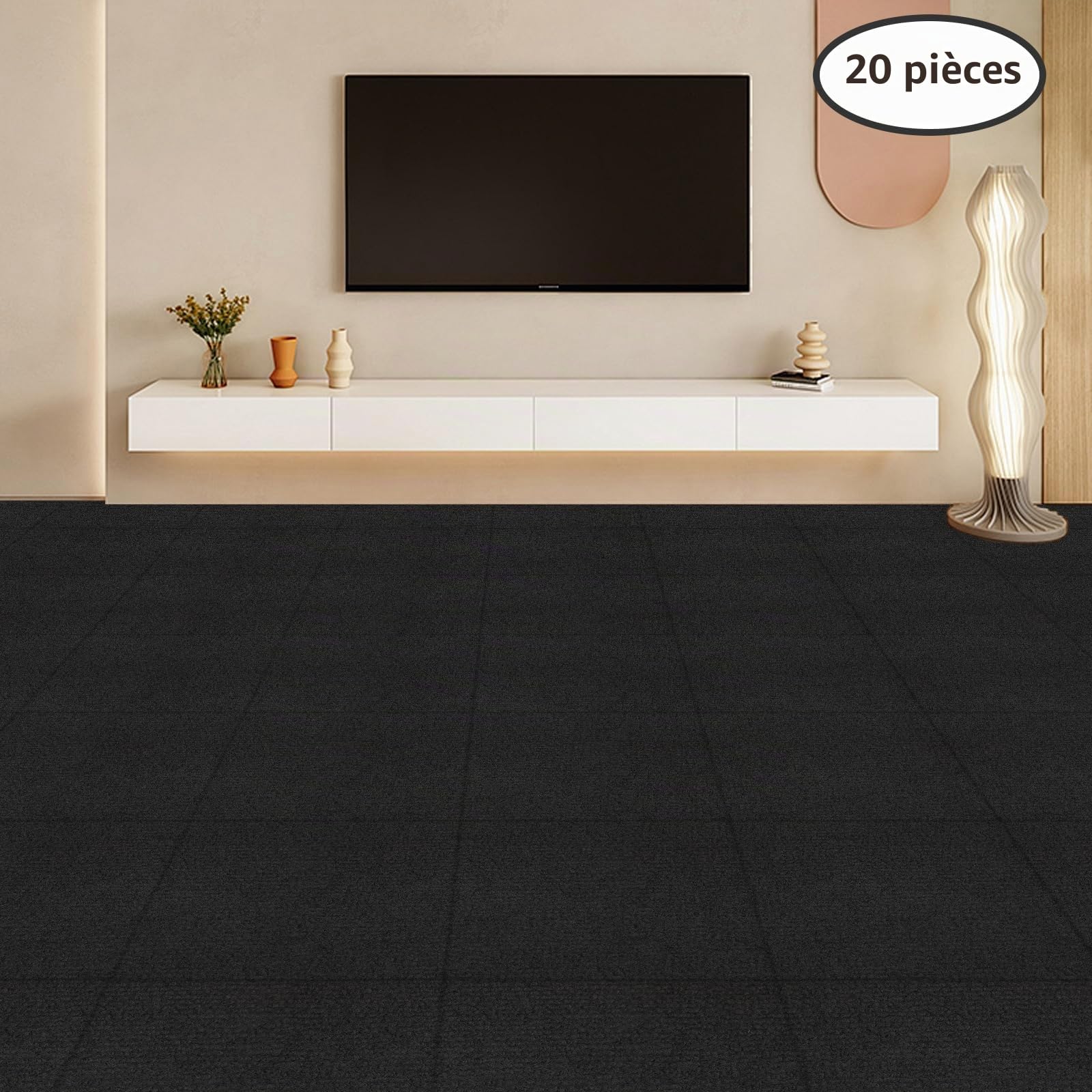 Lot de 20 carreaux de tapis carrés auto-posés - 50 x 50 cm - Résistant - Avec patch adhésif pour toutes les pièces, maison, bureau, chambre à coucher - Antidérapants - Noir - 5 m²