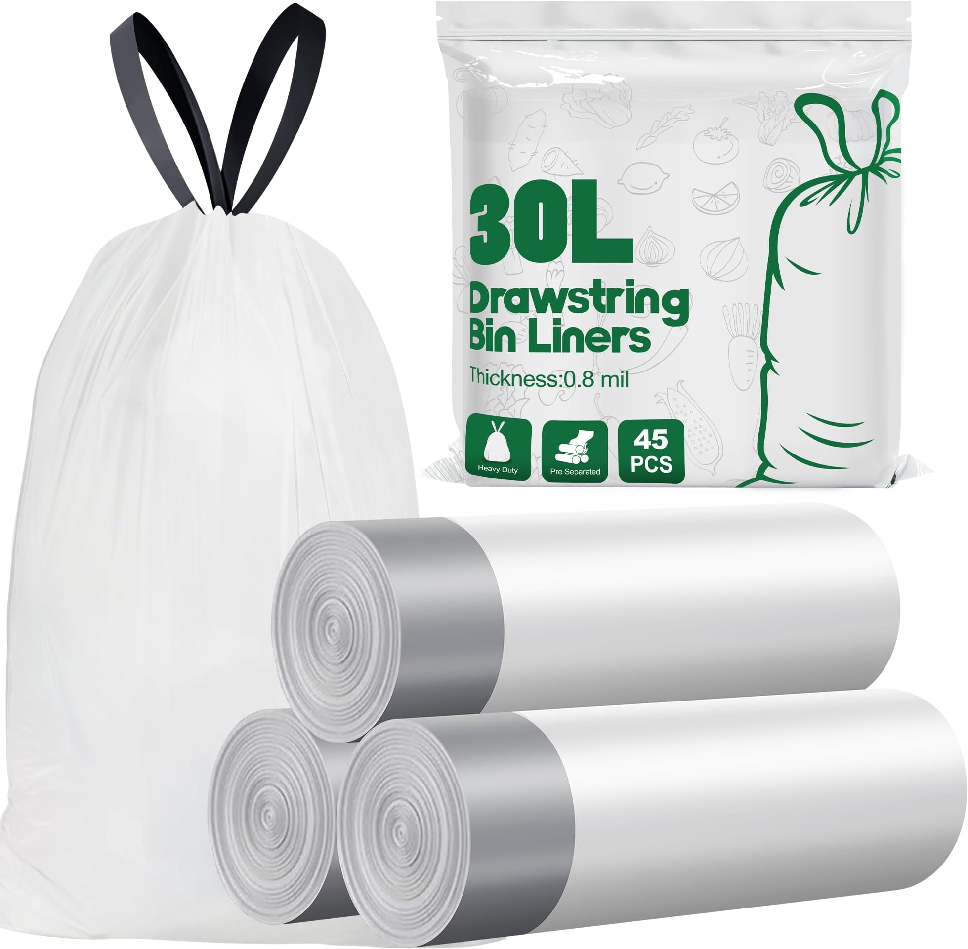 Yolaist Bin Bags 30L, 20um Strong Tall Kitchen Pedal Bin Liners, 45 Counts White 30L Bin Liners with Tie Handle, Thicken, Quick Dispense