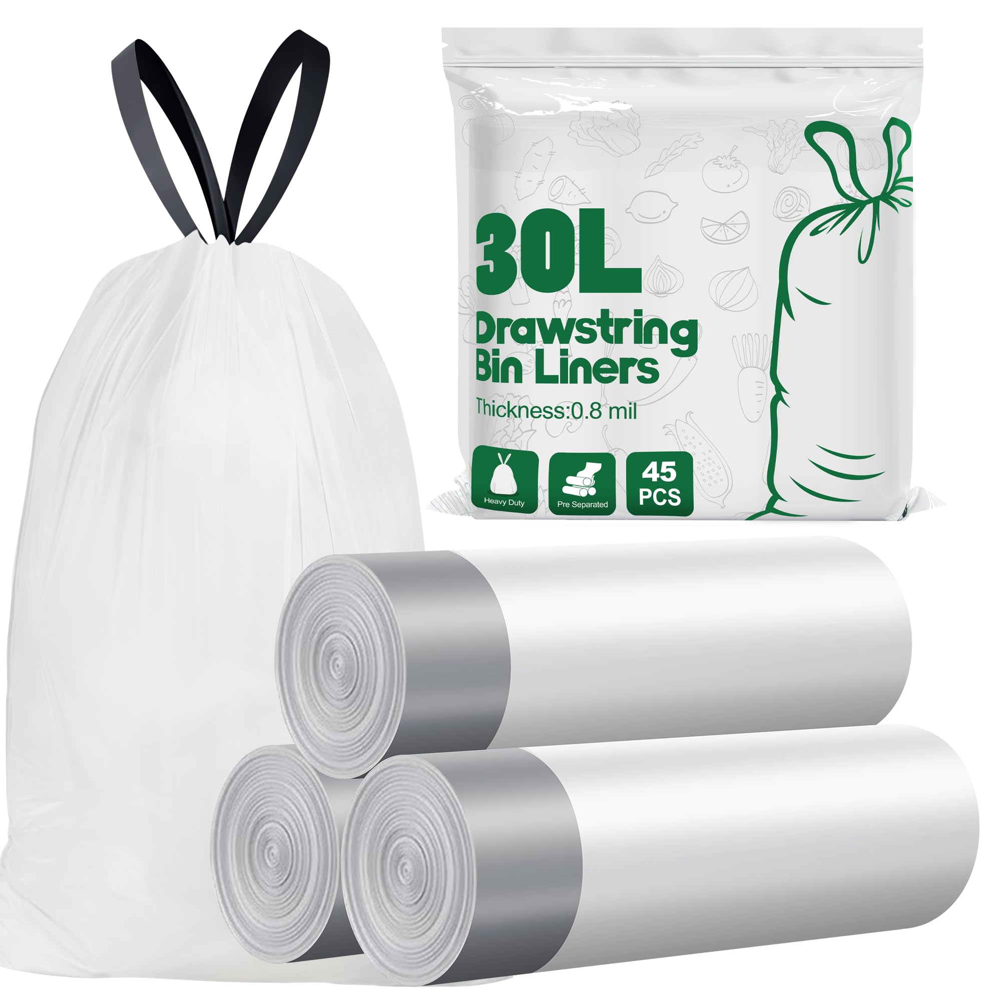 Yolaist Bin Bags 30L, 20um Strong Tall Kitchen Pedal Bin Liners, 45 Counts White 30L Bin Liners with Tie Handle, Thicken, Quick Dispense