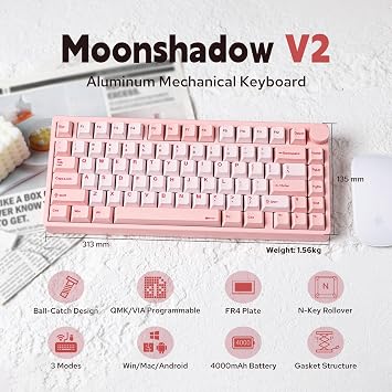 KiiBoom Moonshadow V2 75% Wireless Aluminum Gaming Keyboard, QMK&VIA Programmable, BT5.0/2.4GHz/USB-C, Hot-Swappable Creamy Mechanical Keyboard with FR4 Plate, Knob, 4000mAh Battery (Pink)