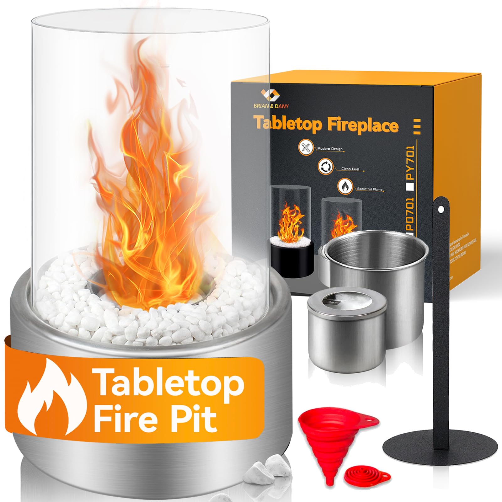 BRIAN & DANY Tabletop Fire Pit, Mini Portable Table Top Firepit Bowl, Ethanol Tabletop Fireplace for Indoor & Outdoor, Silver