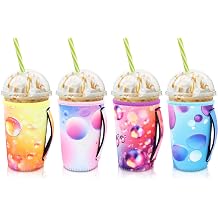 4Pack Reusable Iced Coffee Sleeve Insulator Sleeves for Cold Drinks Beverages, Neoprene Cup Holder for Most Coffee, Fits 22-24oz Medium Cups Gradient with Handle