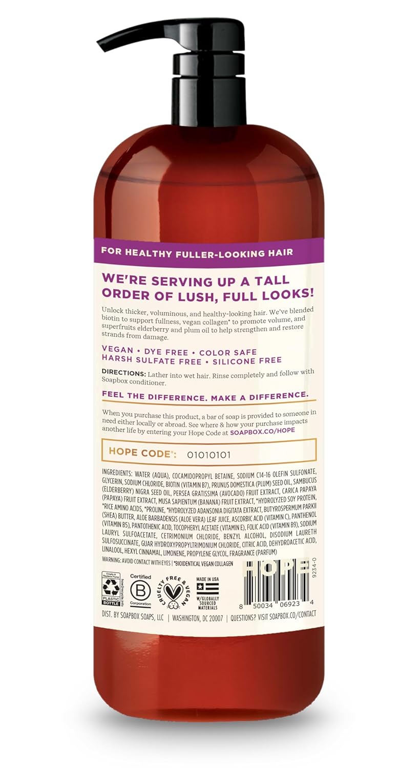 Soapbox Biotin Shampoo, Biotin & Collagen Super Fruit Shampoo for Thin, Fine, Thinning Hair | Volumizing & Repairing to Promote Hair Growth, Strength, Fullness, 1 Liter Pump Bottle - Image 2
