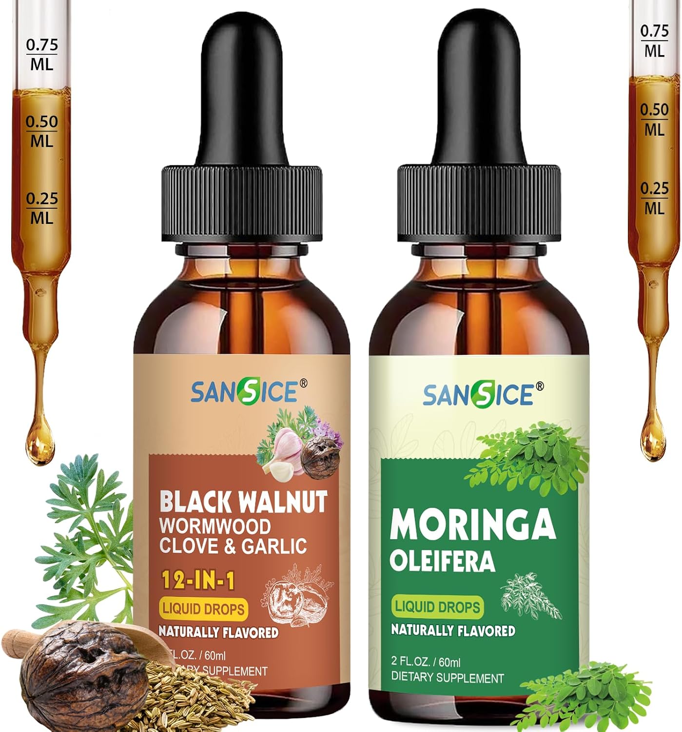 Organic Moringa Supplement, Liquid Moringa Leaf Extract for Women & Men, Wormwood Black Walnut Clove Cleanse for Humans, Black Walnut Tincture Wormwood Clove for Gut Health