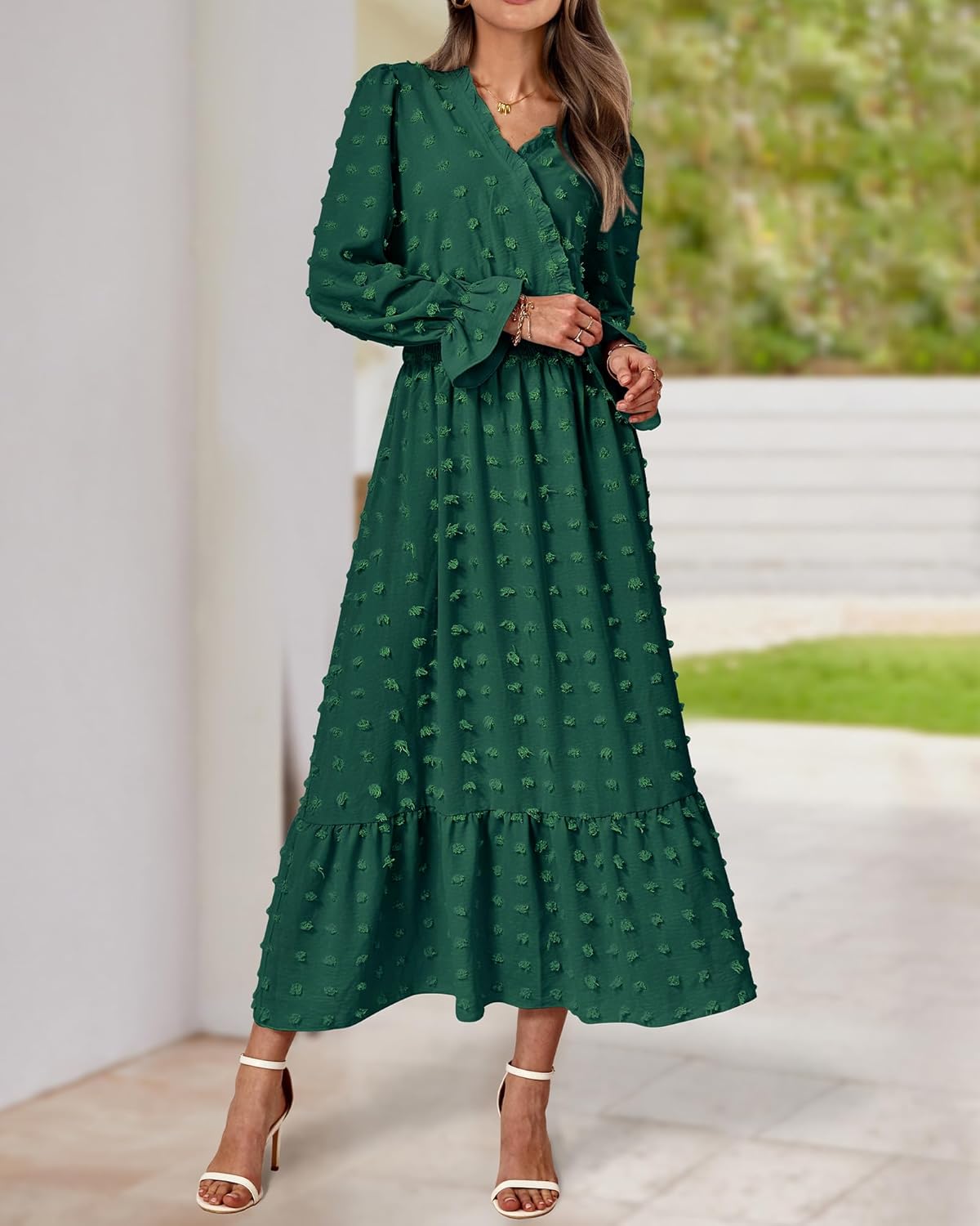 BTFBM Women Spring Maxi Dresses 2026 Long Sleeve V Neck Swiss Dots High Waisted A-Line Ruffle Boho Long Dress Vacation - Image 5