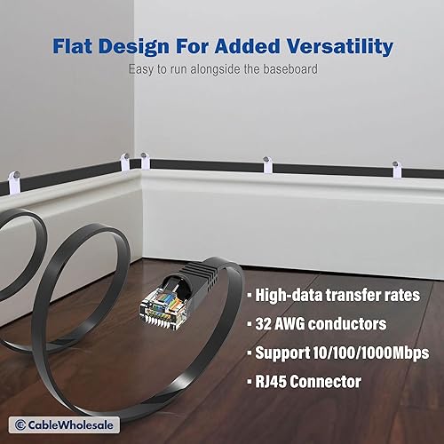 Miniatura 5 de CableWholesale Cable de conexión Ethernet Cat6, 3 pies, cable Ethernet Cat6 plano negro, 32AWG, UTP (par trenzado sin blindaje), cable de red de