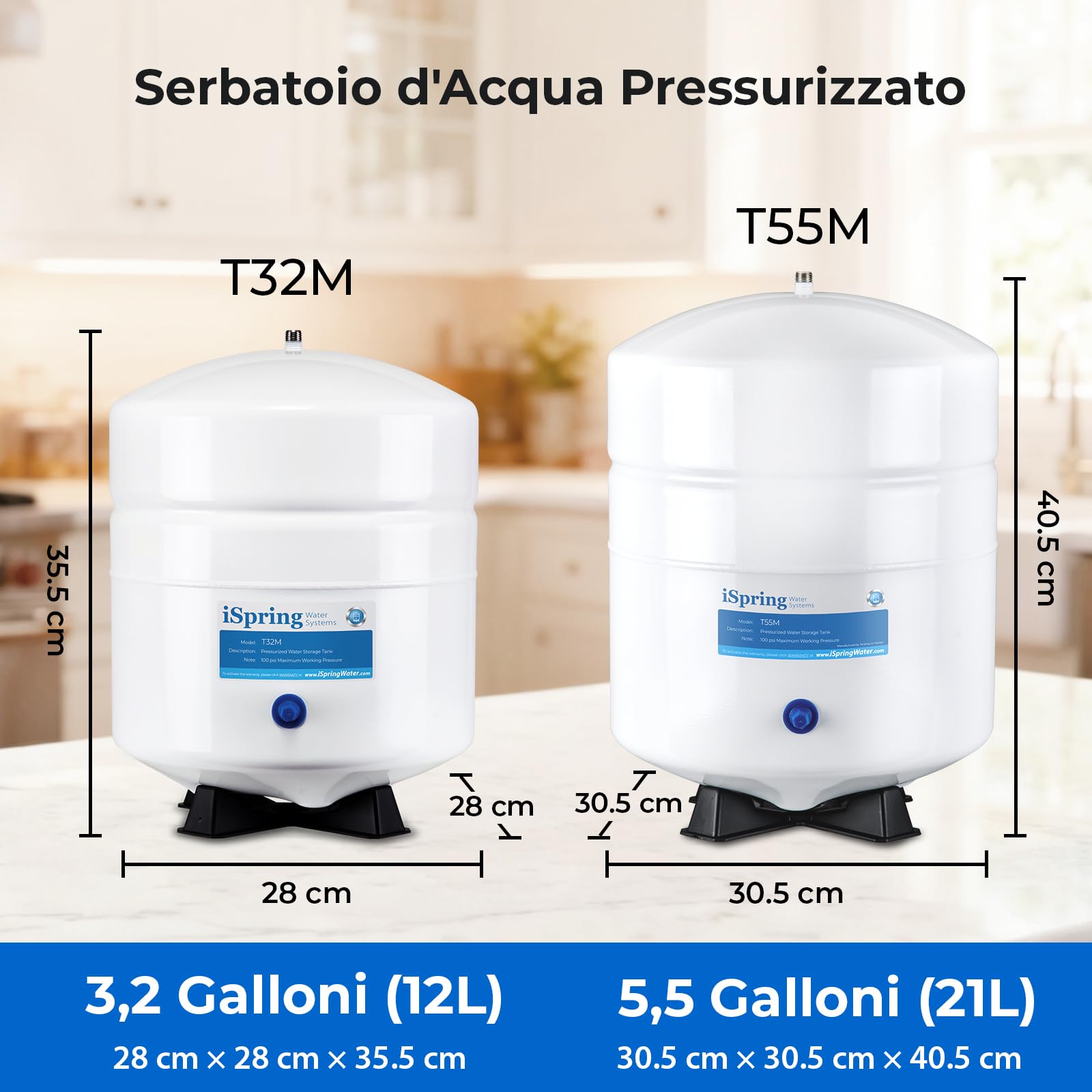 iSpring T55M Serbatoio di Stoccaggio dell'Acqua Pre-pressurizzata Residenziale da 5,5 Galloni per Osmosi inversa