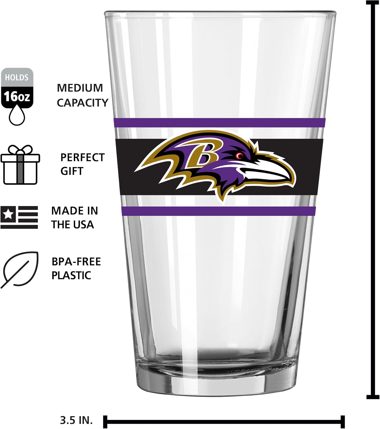 FANMATS NFL Baltimore Ravens 16 oz Pint Glass — 16 Fluid Ounces | Glass | Officially Licensed | Team Color Stripe