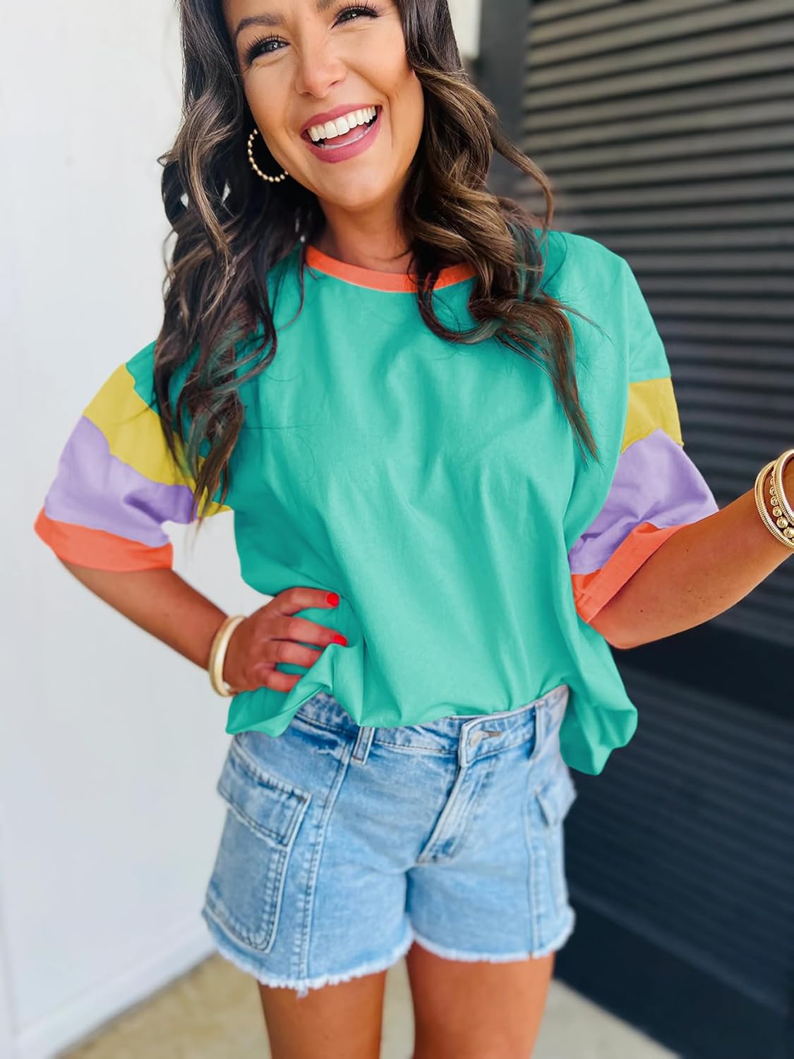 miduo Womens Casual Loose Fit Color Block Stitching Short Sleeve Crew Neck Top T Shirts - Image 6