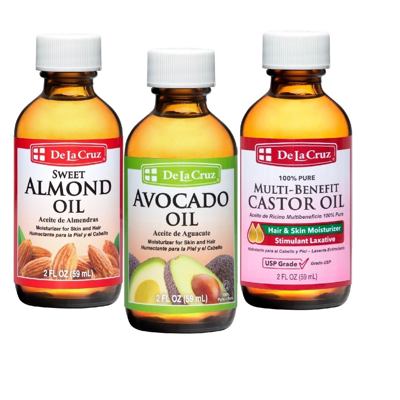 De La Cruz Sweet Almond, Castor and Avocado Oils Bundle - Expeller-Pressed Pure and Natural Oils for Hair and Skin - 3 Bottles - 2 Fl OZ Each