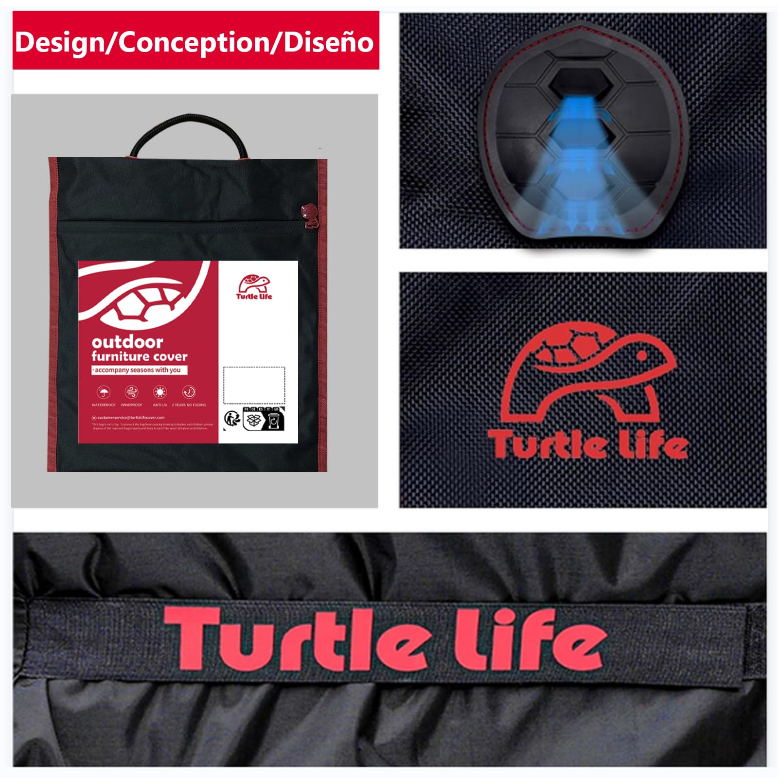 Turtle Life Afdekking voor tuinmeubelen voor tafel en stoelen, verstelbaar vierkant, waterdicht, winddicht, beschermhoes voor tuinmeubelen, met ventilatiesleuven, zwart, 150 x 150 x 74 cm