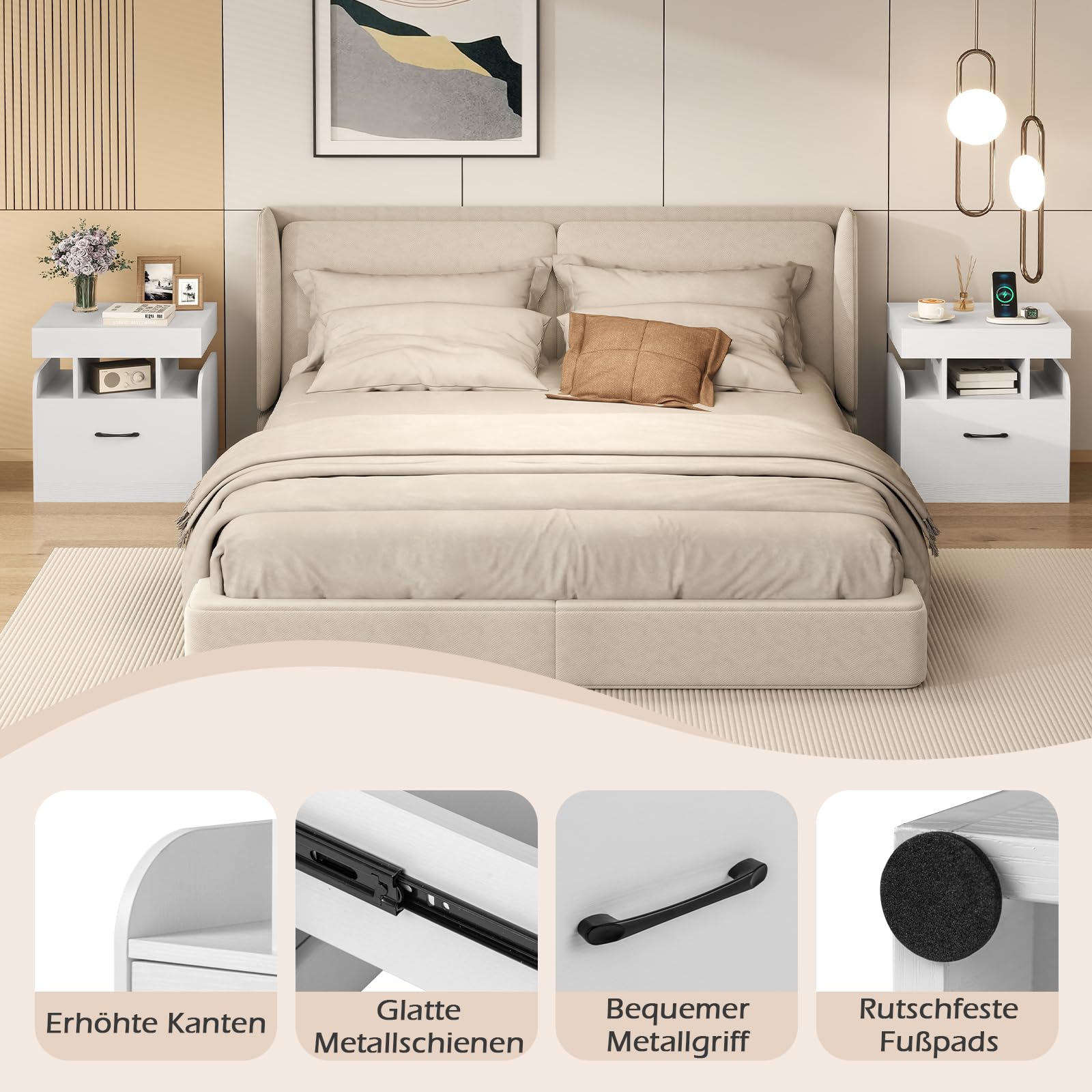COSTWAY Stolik nocny z 2 gniazdka, 1 USB, 1 Type-C, szufladą i tajną przegródką, 50x40x55 cm biały