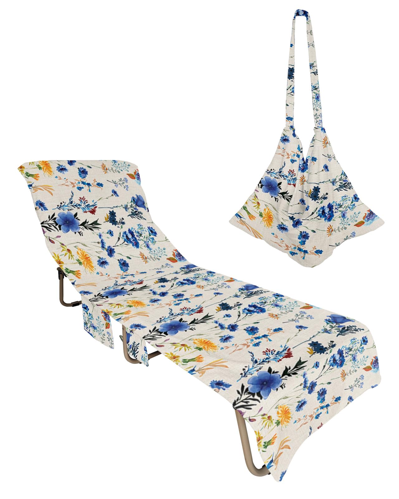 Beach Pool Patio Lounge Chaise Chair Cover Towel with Pockets, Botanical Flower Absorbent & Quick Dry Microfiber Towel Cover Bag Summer Travel Accessories for Sunbathing Blue Farmhouse Country Leaves