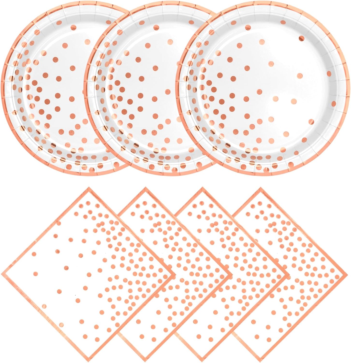 Platos y servilletas de papel de oro rosa blanco, 25 platos de postre de papel de puntos dorados de 7 pulgadas y 25 servilletas de 6.5 pulgadas,