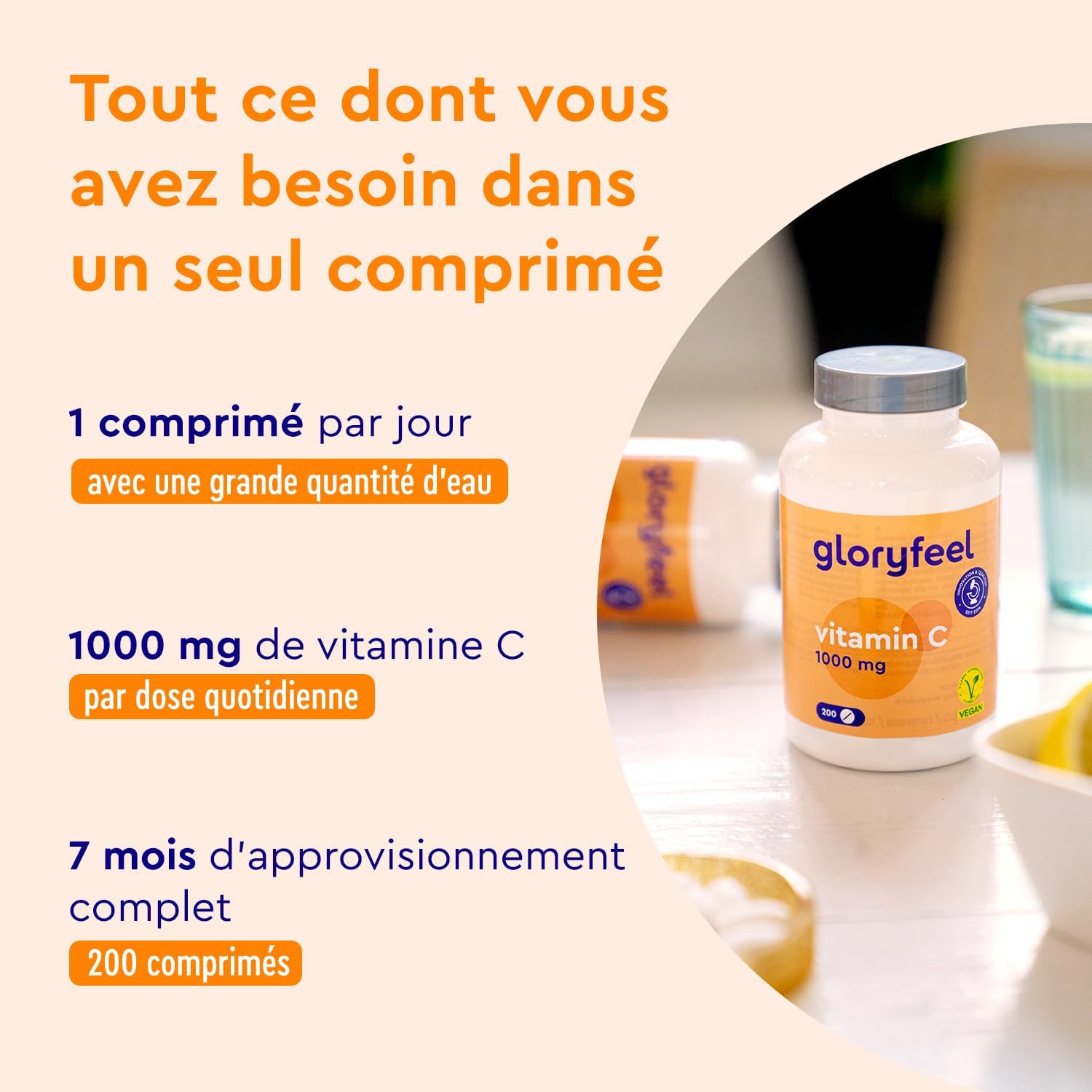 Vitamine C 1000mg 200 Comprimés, Antioxydant pour Os, Système Immunitaire, Peau, et Fatigue*, Cure...