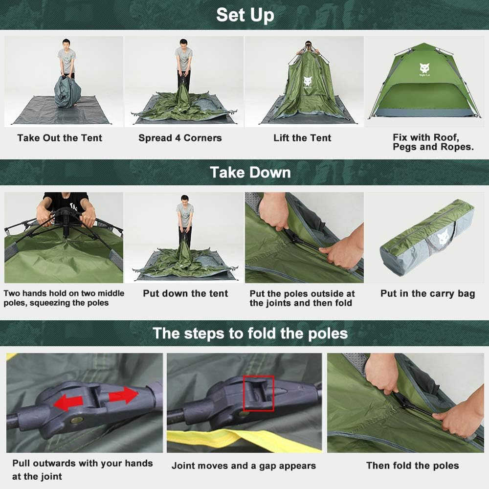 Night Cat Instant Pop Up Camping Tent 2-3 Persons with Porch Room Footprint Easy Setup Tent with Rainfly Waterproof Automatic Hydraulic Mechanism