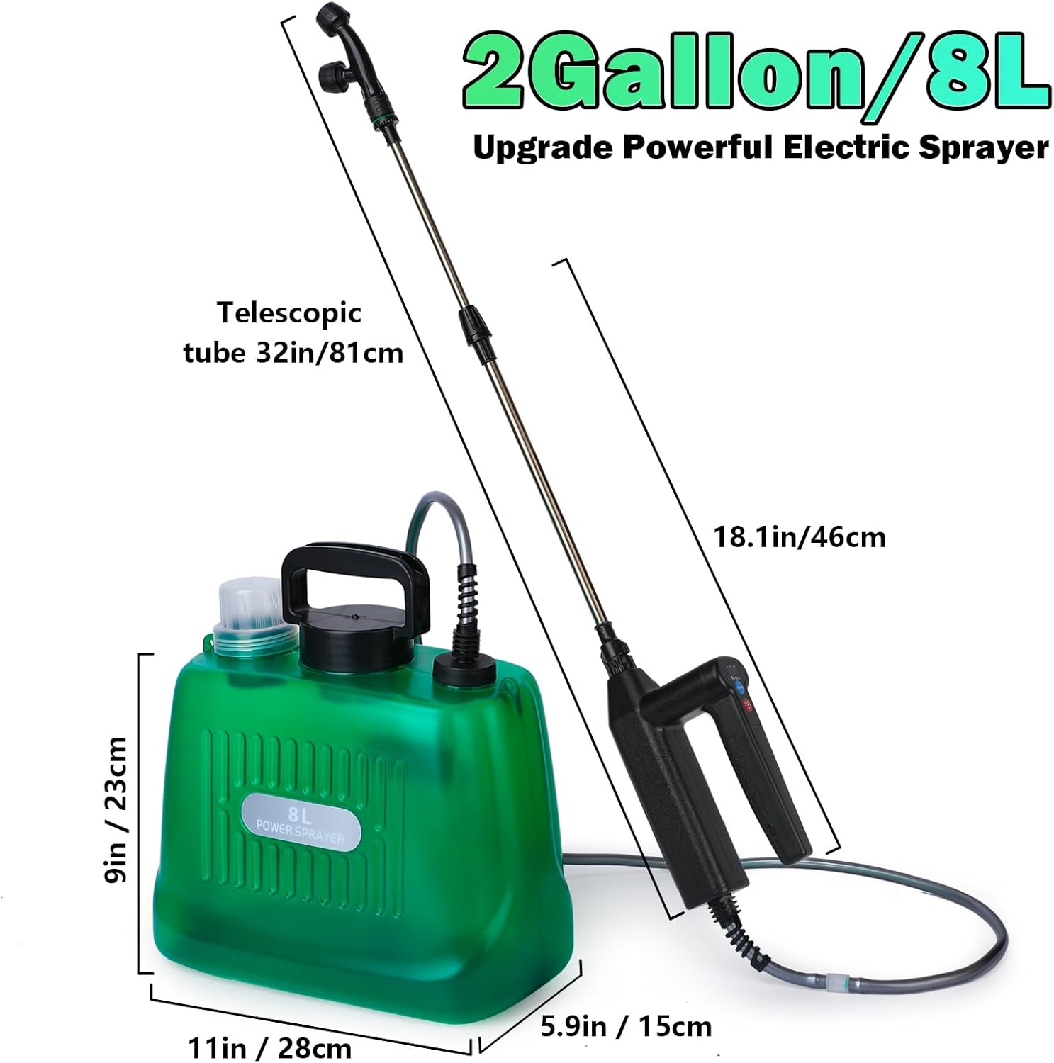 Battery Powered Sprayer 2 Gallon, Electric Sprayer with 4 Mist Nozzles, USB Rechargeable Handle, 32in telescopic Wand, Garden Sprayer with Adjustable Shoulder Strap for Lawn, Garden, Cleaning