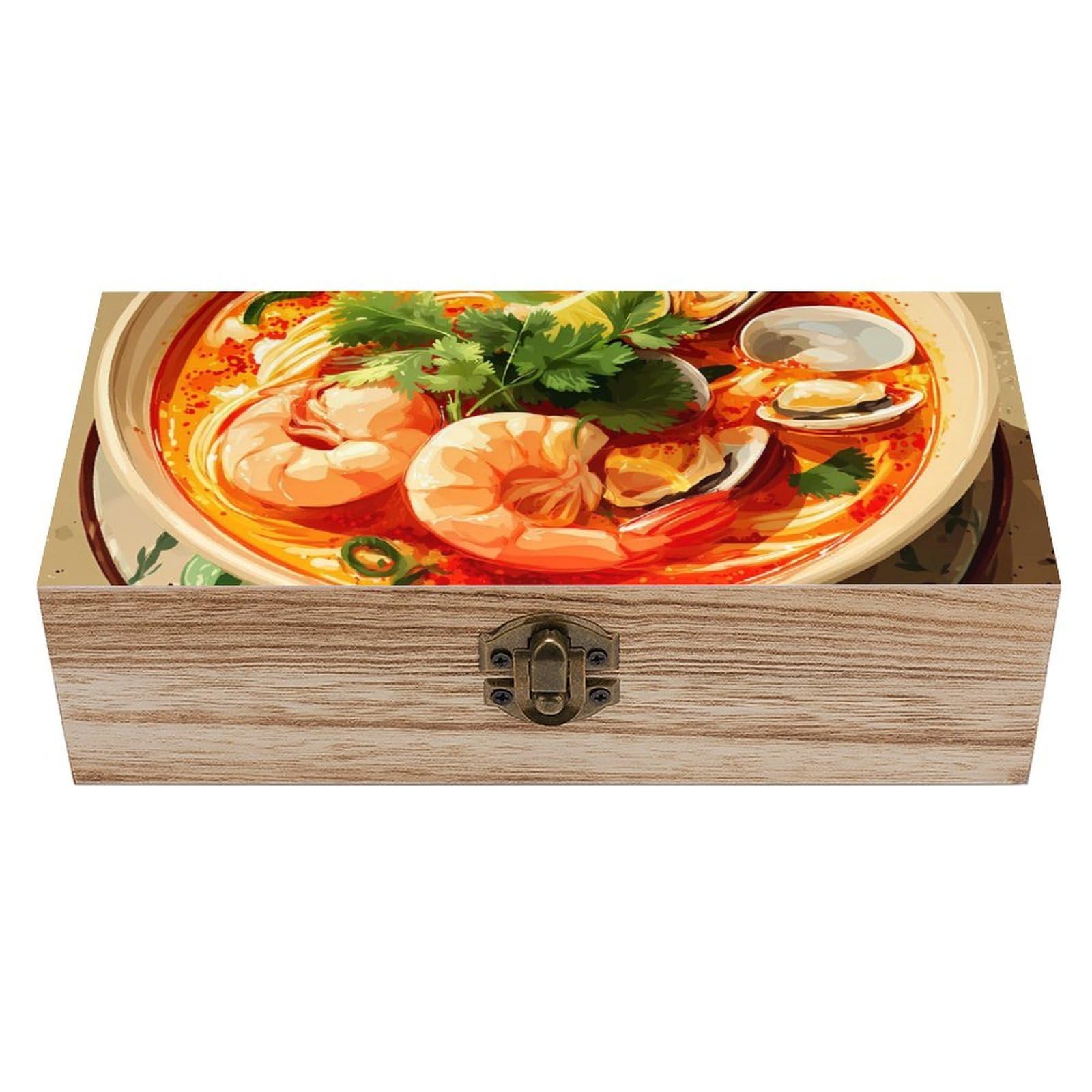 HLBSDM Tom Yum Goong Soup Shrimp Oysters Wooden Storage Box Craft Memory Keepsake Treasure Chest Box Jewelry Organizer