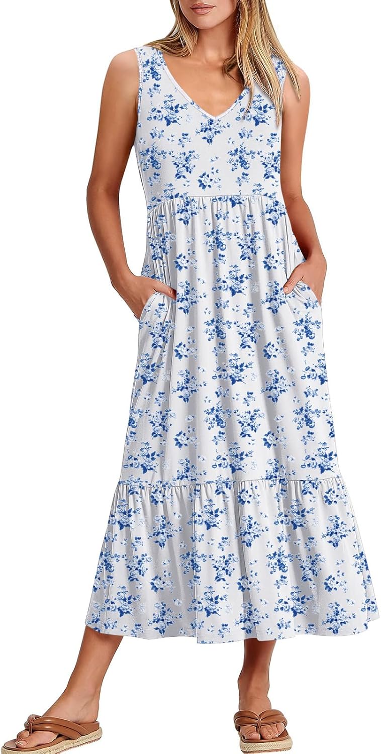 ANRABESS Womens Summer Maxi Dresses Fit & Flare Flowy V Neck Sleeveless Swing Casual Tiered Beach Sundress with Pockets