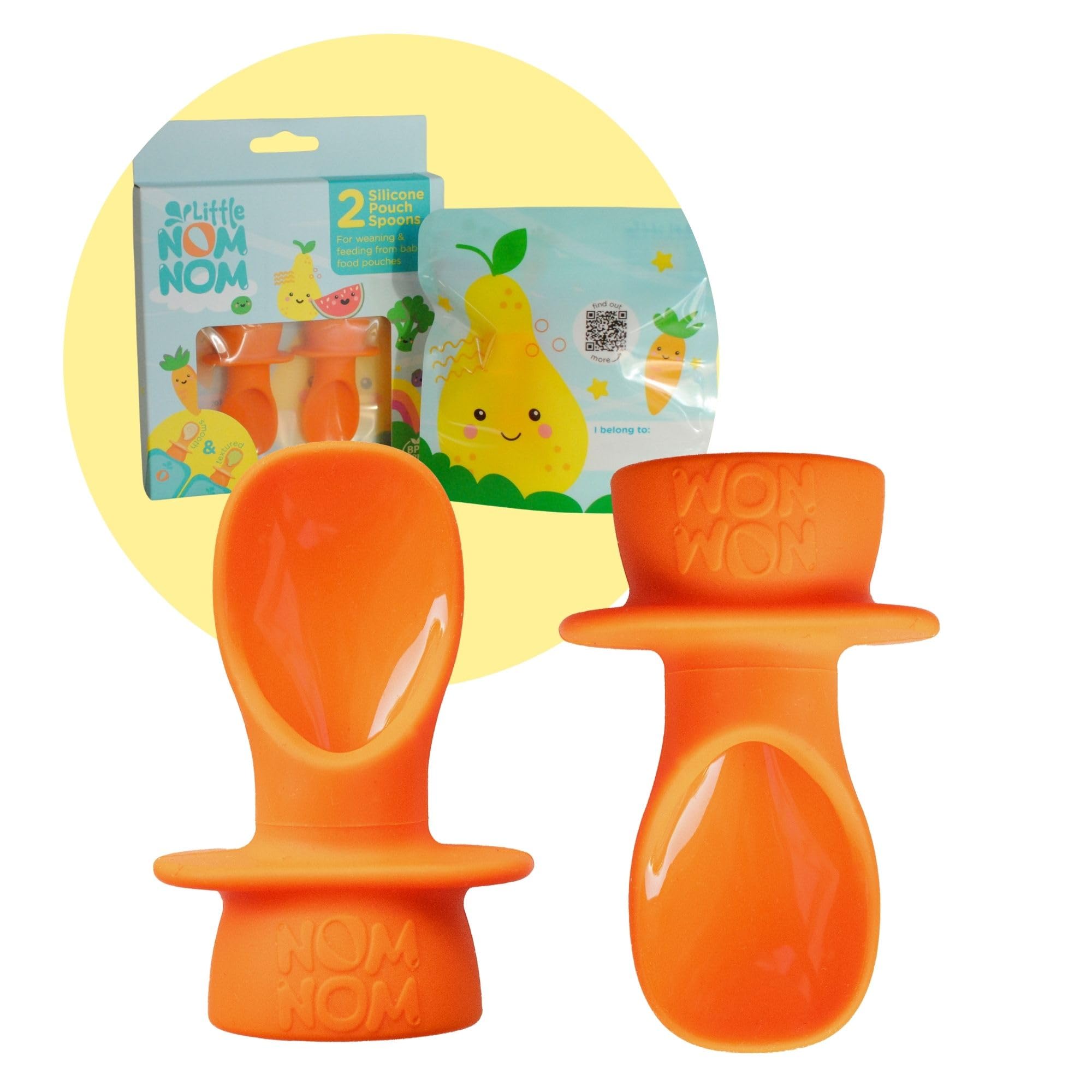 Baby Pouch Spoons | 2 Spoons + Washable Travel Bag | Little Nom Nom Silicone weaning Spoon for use with Baby Food Pouches and Reusable Pouches | Parent Travel Essentials (Orange)
