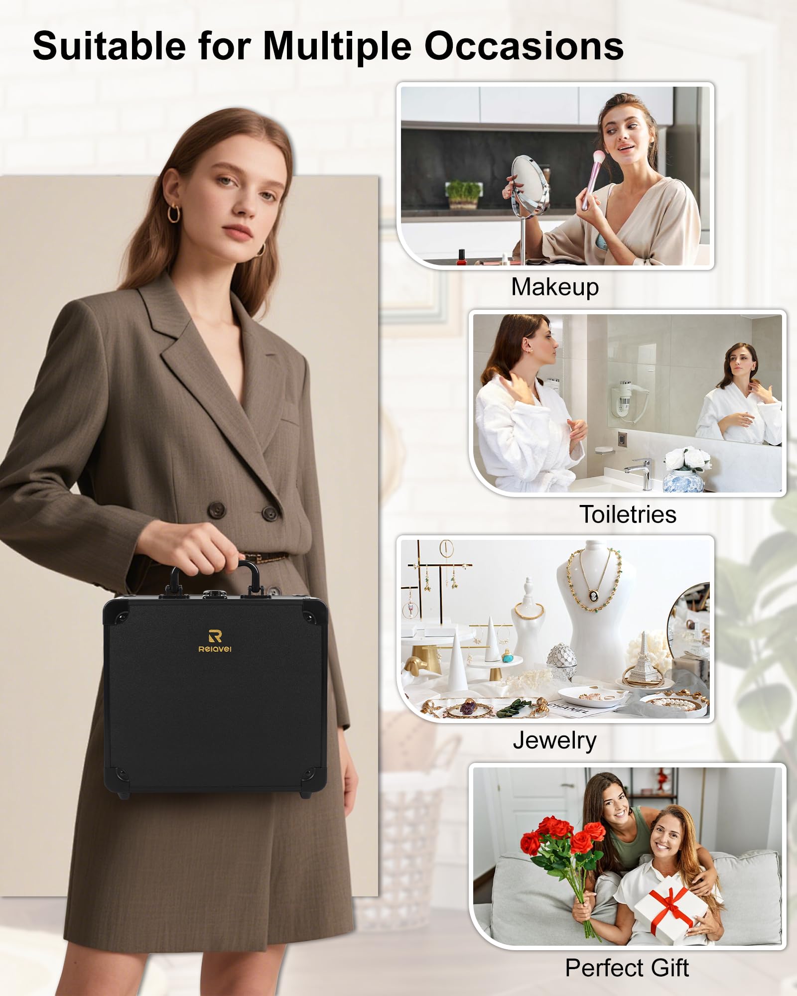 Chomeiu Make-up-Tasche mit Spiegel, Reise-Zugkoffer, großer Kosmetik-Organizer mit 2 Ablagen und Kosmetikspiegel mit LED-Lichtern, Pinselhalter, Aufbewahrungsbox, Koffer für Nagelsets, Kosmetik
