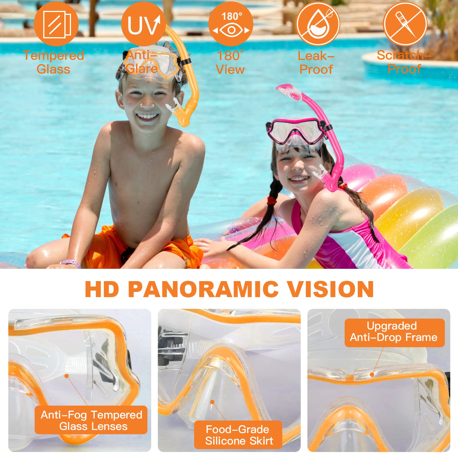 Set da snorkeling per bambini, pinne regolabili + maschera panoramica + tubo da snorkeling asciutto + borse da viaggio - adatto per bambini e ragazzi, età 5-14 anni