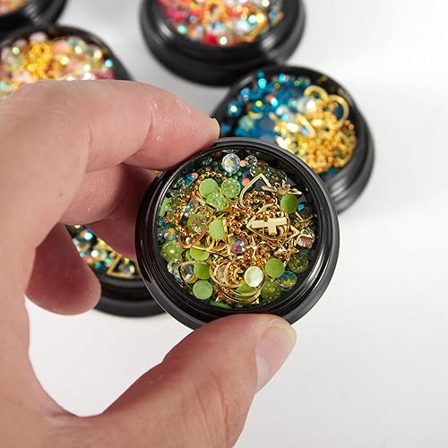 Miniatura 4 de SILPECWEE 6 cajas de diamantes de imitación y dijes para uñas, cadena dorada, dijes de arte de uñas, gemas de uñas 3D, diamantes de cristal, cuentas