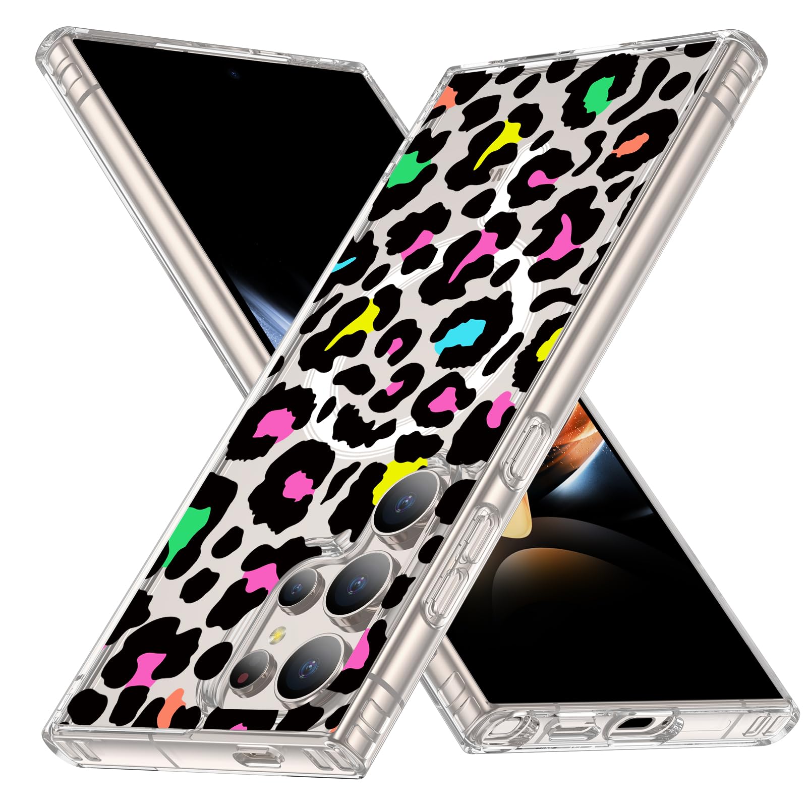 JUMIUSTNB Magnetic for Galaxy S24 Ultra Case, Clear Cover with Flowers, Slim Anti-Yellow Hard PC Protective Soft TPU Bumper Cute Case for Samsung