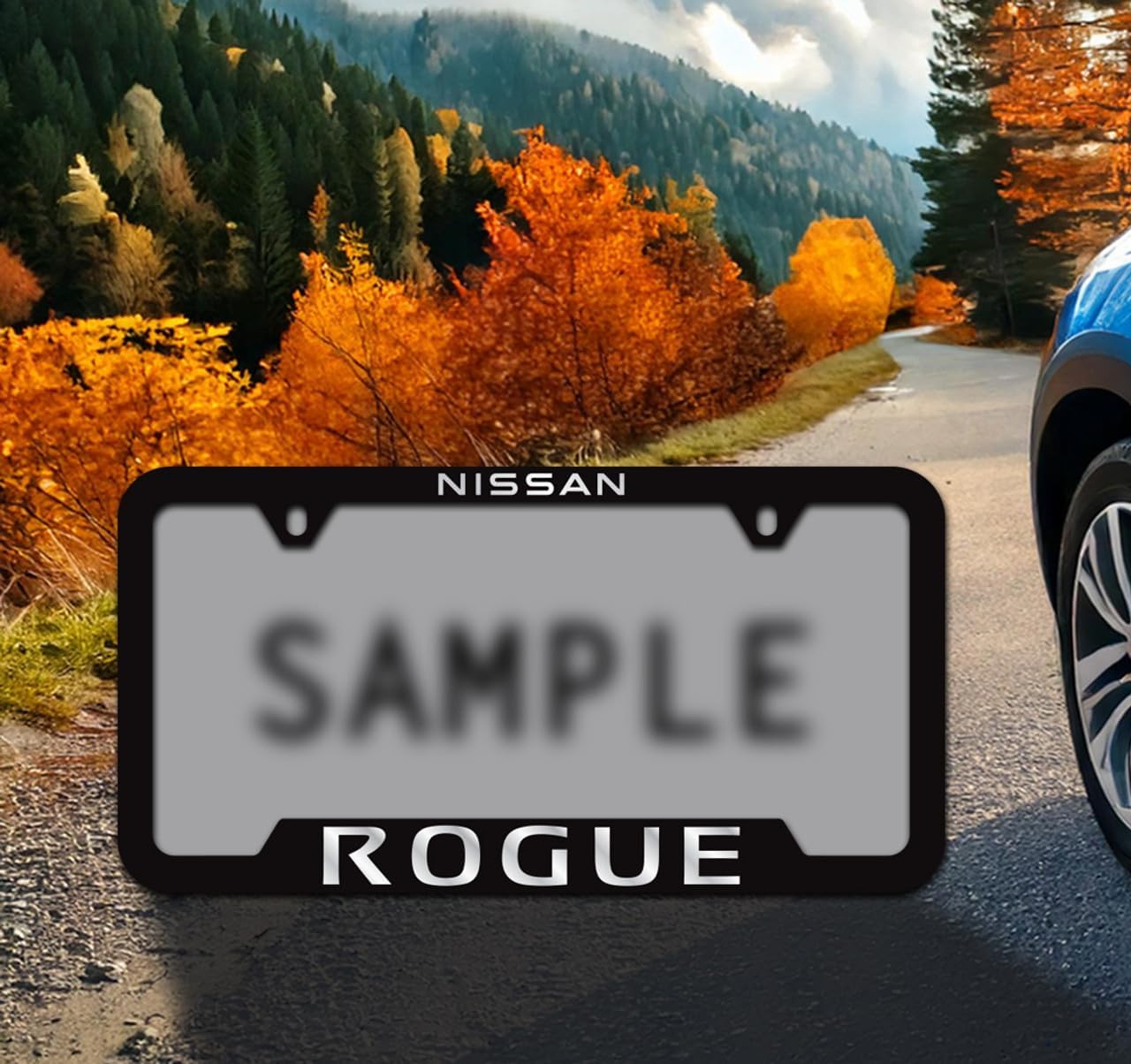 Nissan Rogue Black Coated Zinc License Plate Frame with Exposed Logo - Notch Bottom Frame