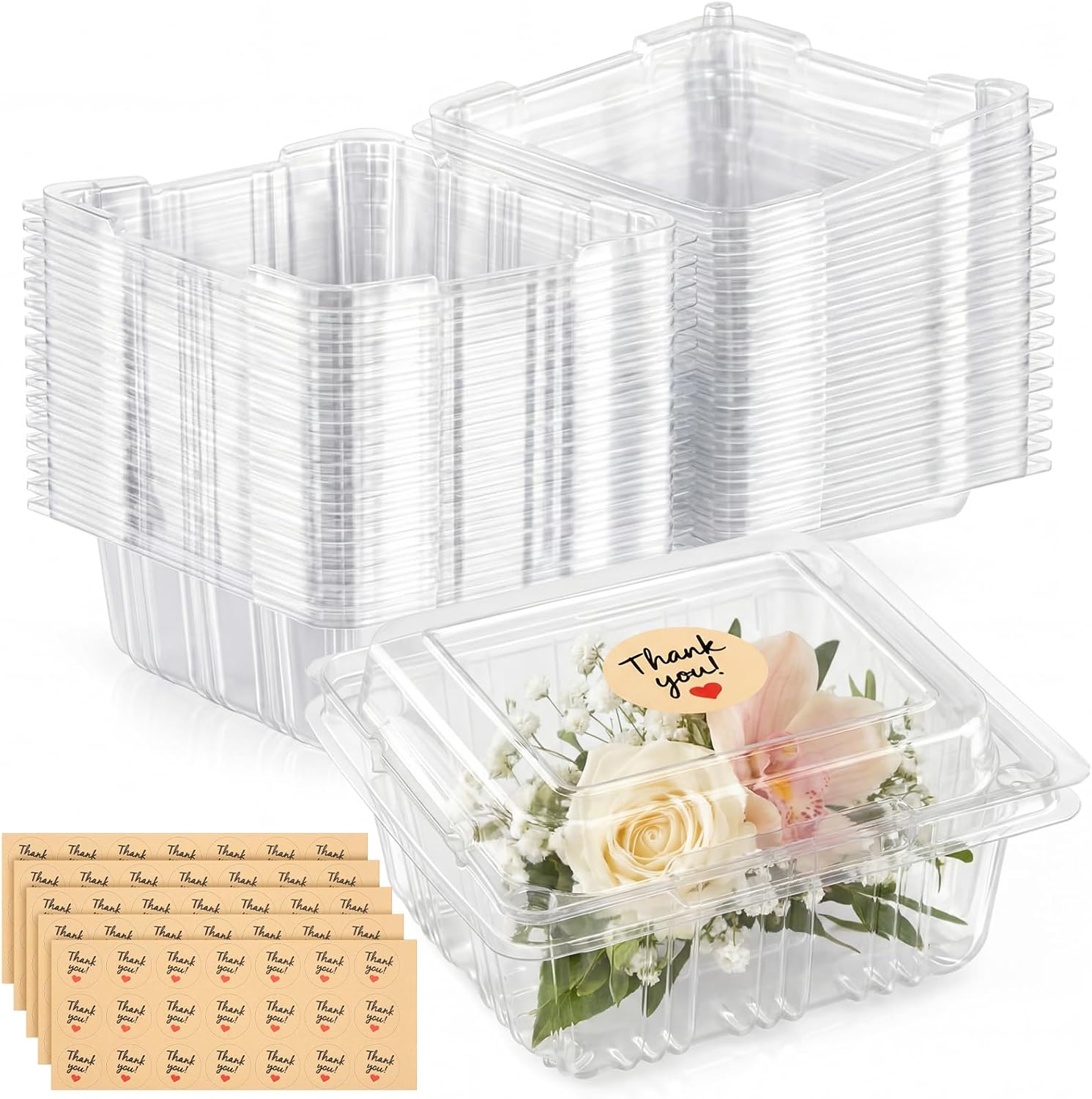 LemonRoad 100 Pcs Clear Plastic Corsage Boxes Flower Boxes with Vent Holes & Thank You Stickers 5.3" x 4.5" x 2.6" Floral Boutonniere Craft Container Corsage Supplies for Weddings Proms