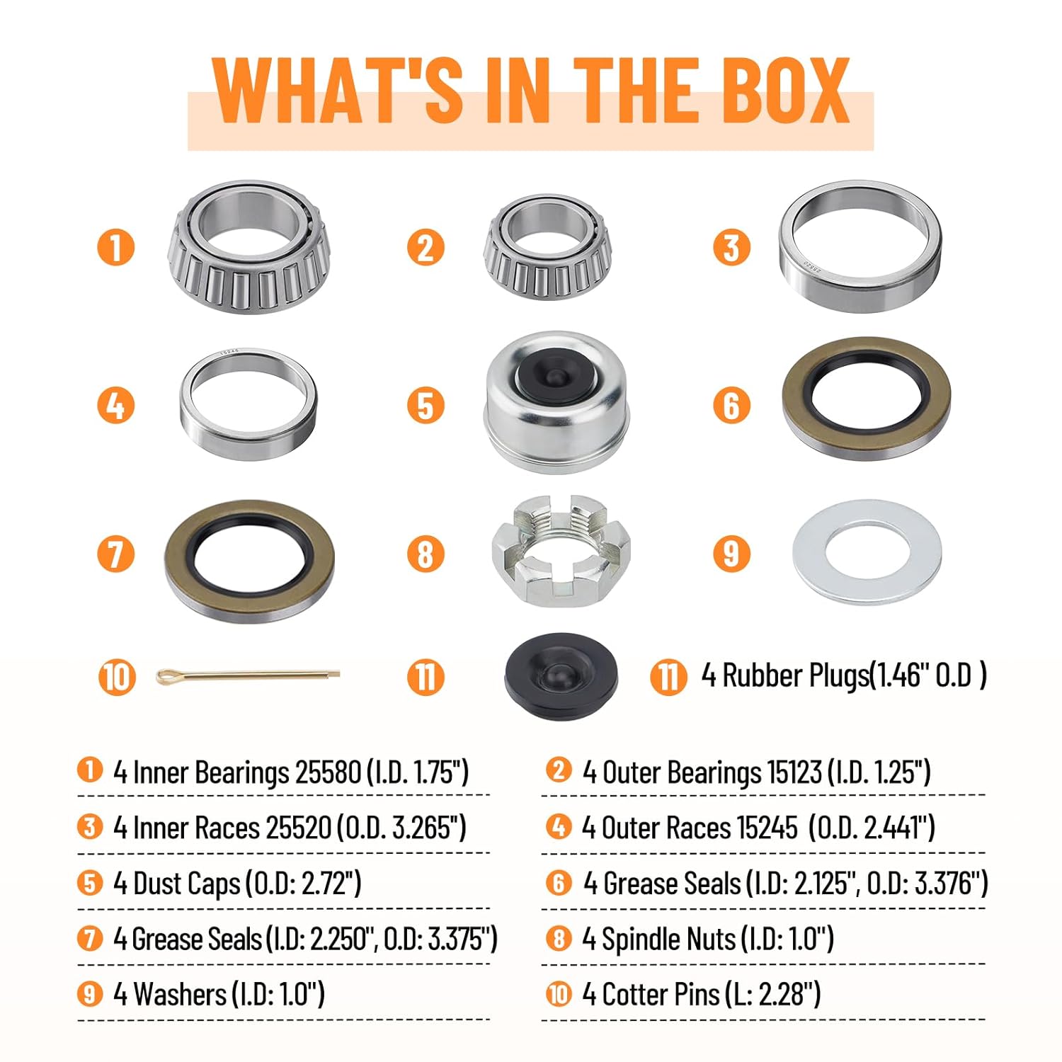 4 Sets 25580 15123 Boat Trailer Axles Bearing Kits, Grease Seals, Spindle Nuts, 2.72" Dust Caps and Rubber Plugs, Cotter Pins, Washers for 5200-6000 lb.Tandem Axles #D42 Spindle