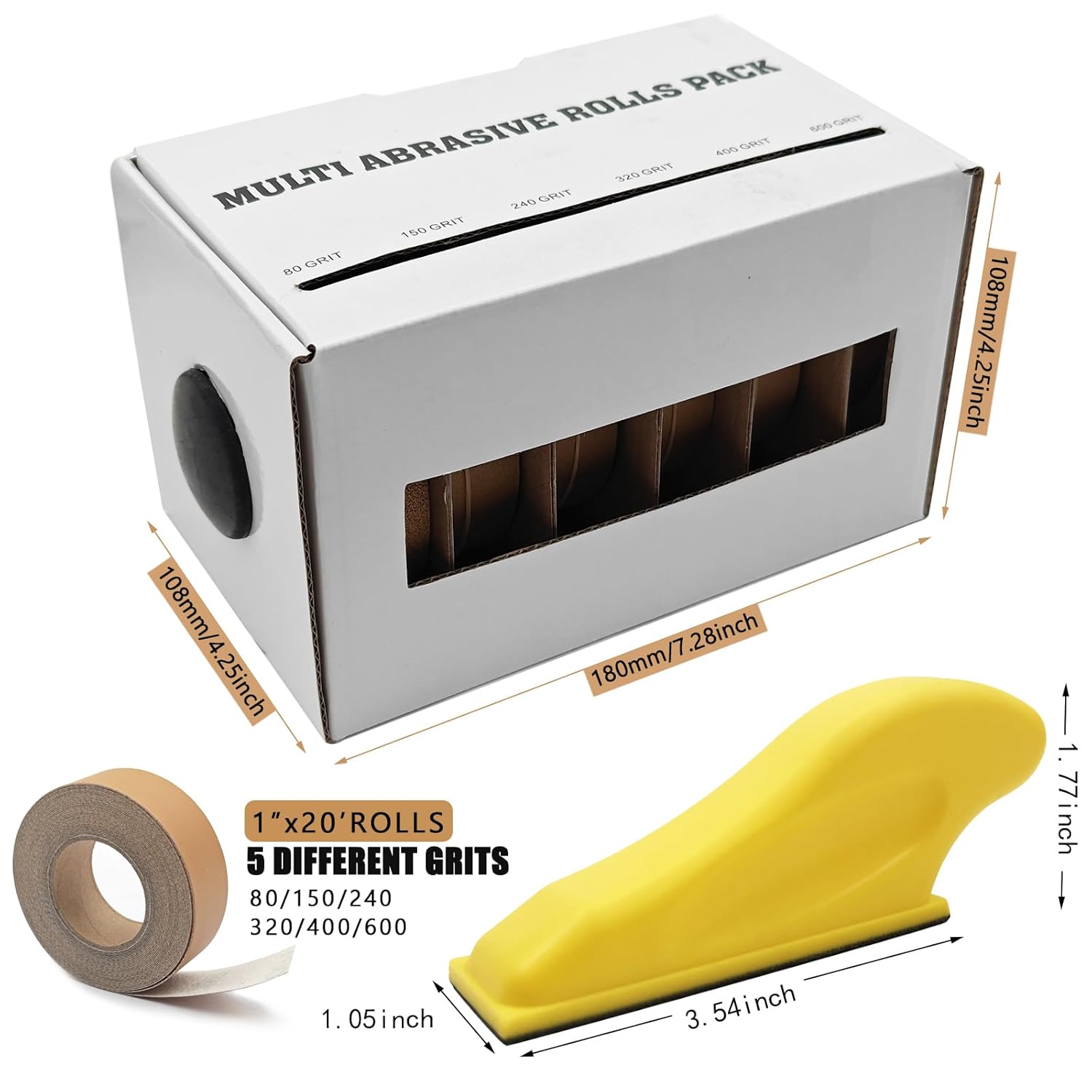Hand Sander Kit, Assorted Micro Sander Sand Paper 80 150 240 320 400 600 Grits Hoop and Loop Sandpaper with 2pcs Detail Sanders for DIY Crafts Wood Polishing, 6 Rolls 6 Meters/roll