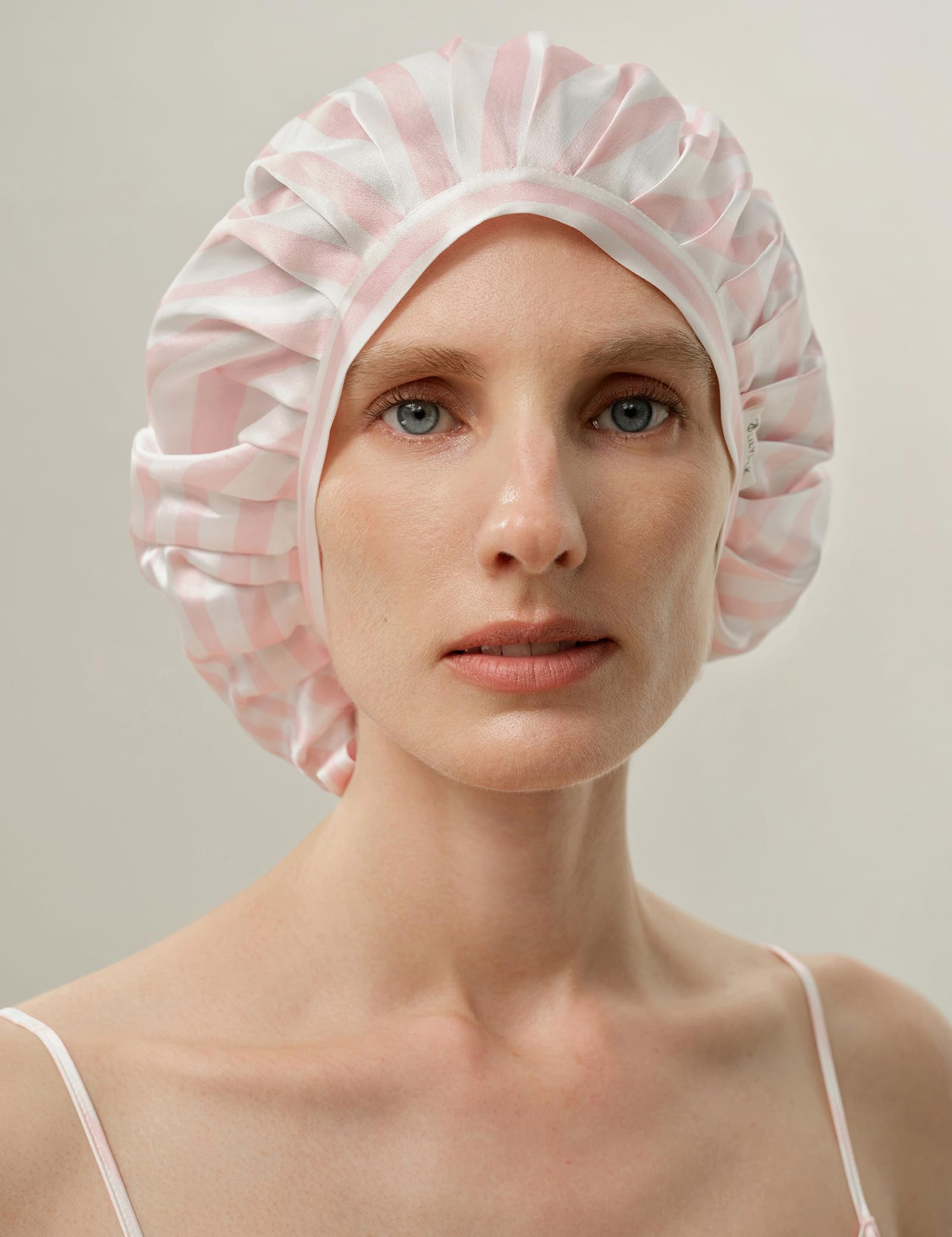 LilySilk 100% Maulbeerseide Schlafmütze rutschfest verstellbar und atmungsaktiver Kopfbedeckung Seidenhaube zum Schlafen Nachtmütze mit elastischem Band für alle Haartypen, Hellrosa & Weiß Gestreift