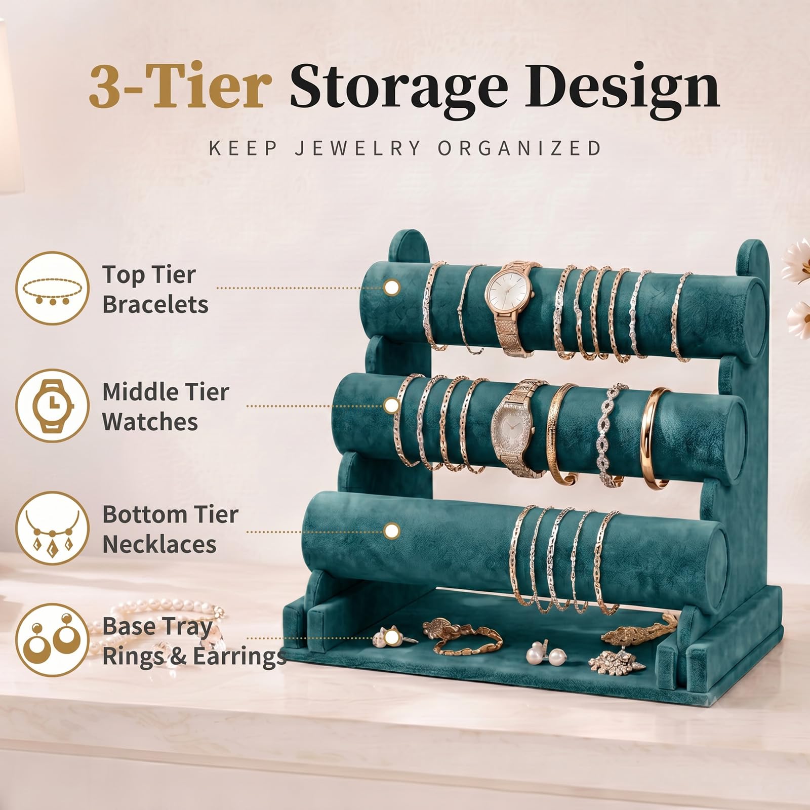 powerking Soporte organizador de joyas de terciopelo verde, soporte de exhibición de pulseras desmontable de 3 niveles y soporte, organizador de exhibición de joyas para reloj de pulsera