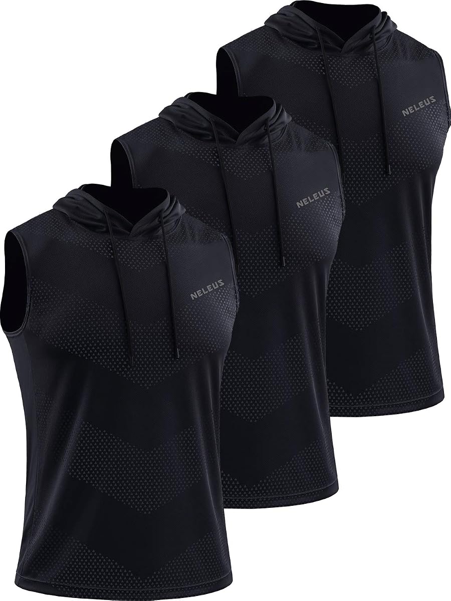 Neleus Camisetas sin mangas para hombre, paquete de 3 camisetas sin mangas para correr con sudadera con capucha