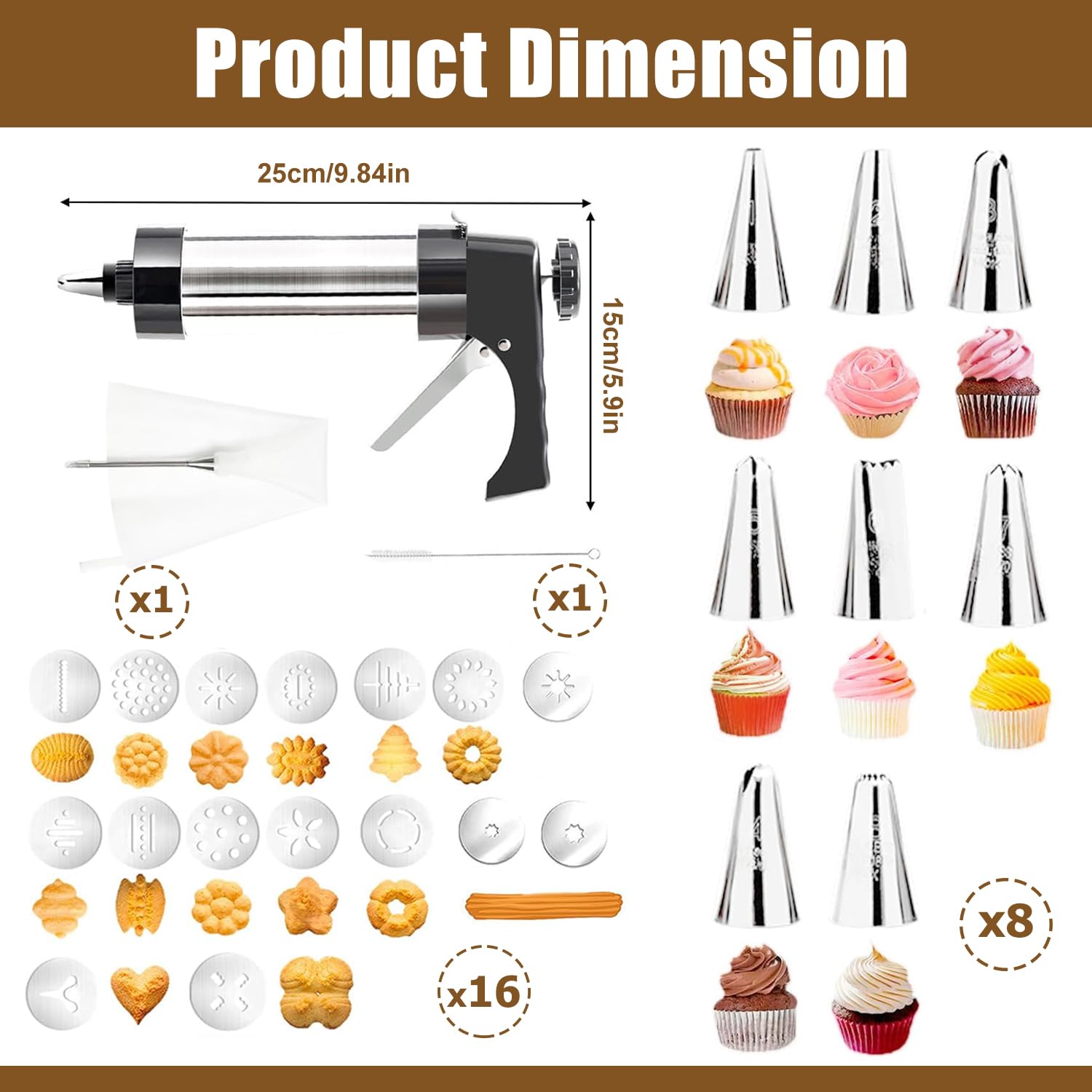 Pressa per Biscotti, Sparabiscotti,Pressa per Pasticceria, Macchina per Biscotti Professionale， con 16 Sagome, 8 Beccucci, Pistola per Dolci in Acciaio Inox Spara Biscotti Professionali