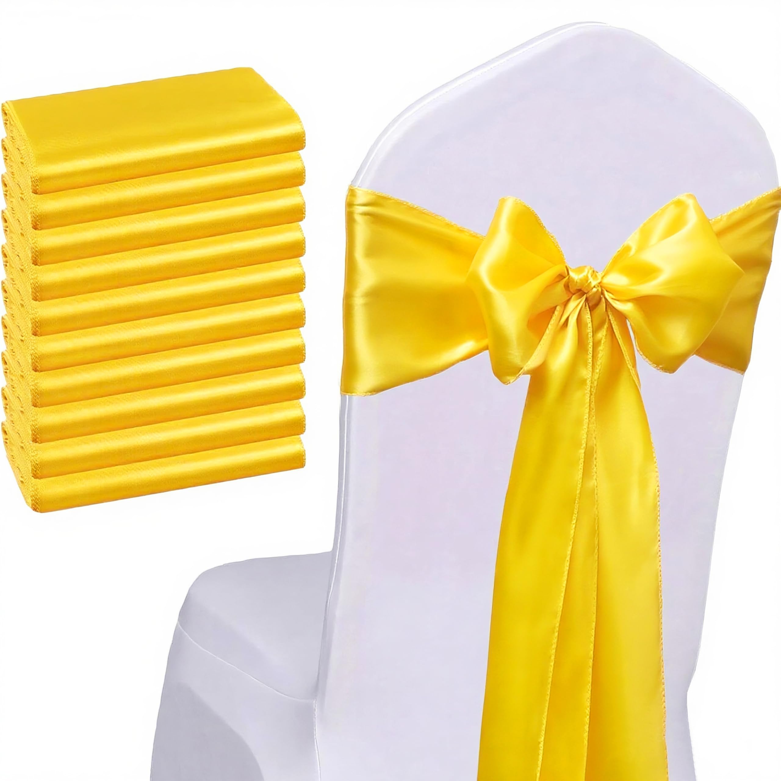 Pack of 50 Satin Yellow Chair Sashes Bows 7x108 Inch Wedding Chairs Ribbons for Party Birthday Banquet Hotel Restaurant Ceremony Event Decorations Chairs Ties - Yellow, 50 PCS