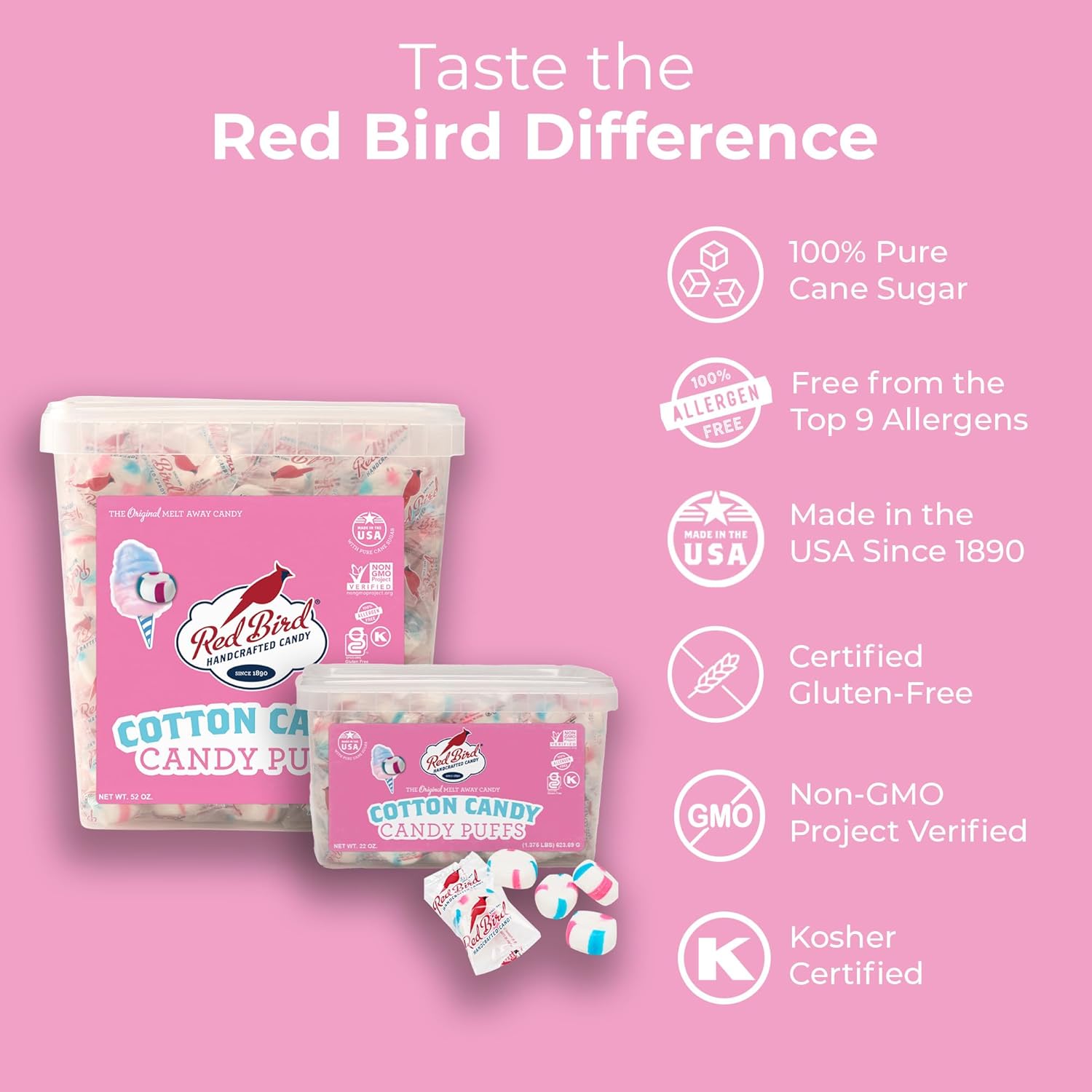 Red Bird Cotton Candy Flavored Candy, Puff Mints Individually Wrapped, 52 oz Tub