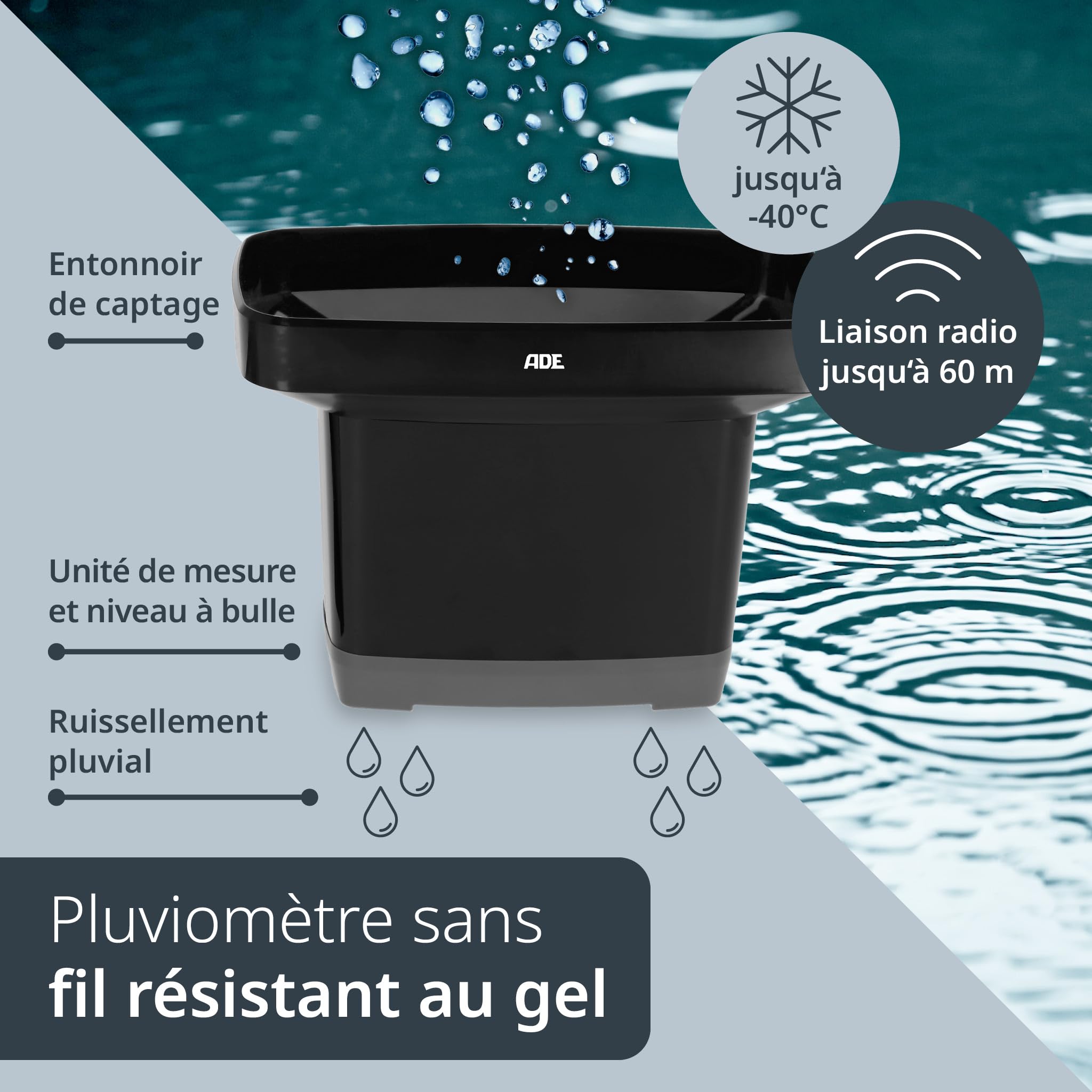 ADE Pluviomètre exterieur jardin | resistant au gel | station météo avec thermomètre interieur et exterieur sans fil | horloge radiopilotée avec 2 heures de reveil | affichage de la date | piles incl.