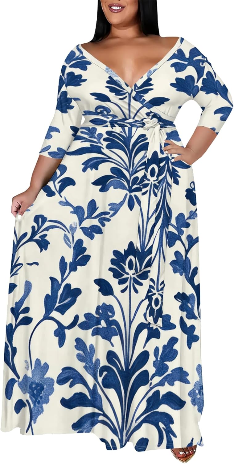 Women's Plus Size Maxi Dresses Casual Loose Short Sleeve Long Maxi Dress with Belt Wedding