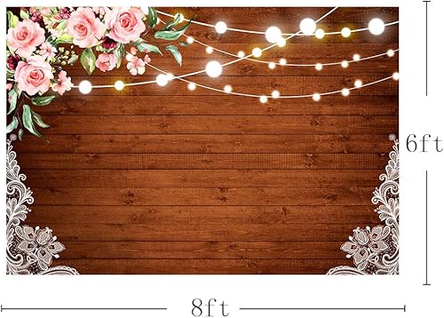 Miniatura 3 de MEHOFOTO Fondo rústico de 8 x 6 pies con encaje blanco rústico, flores rosadas, madera marrón oscuro, luces brillantes, fondo de fotografía floral,