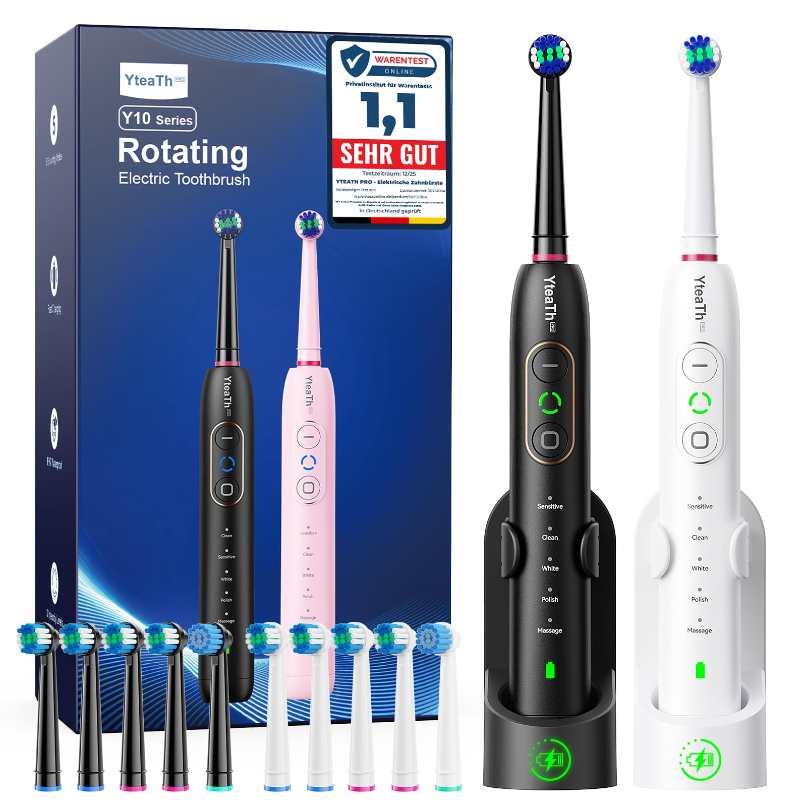 Brosse À Dent Électrique Rotatives Adultes - Lot De 2 Brosses À Dents Rotatives avec 3 Intensités et 5 Modes, 10 Têtes, Étanche IPX7, Brosse A Dent Electrique de Voyage, Noir et Blanc